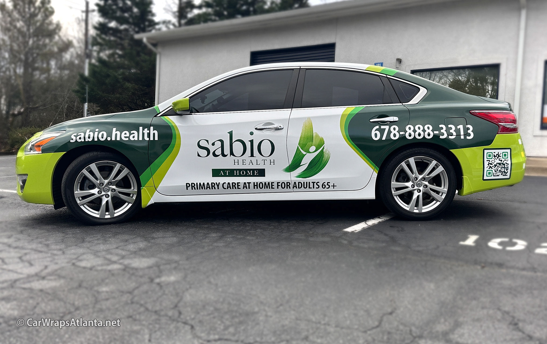 Hero image: Custom full vehicle wrap on a Nissan Altima for Sabio Health in Atlanta, GA.