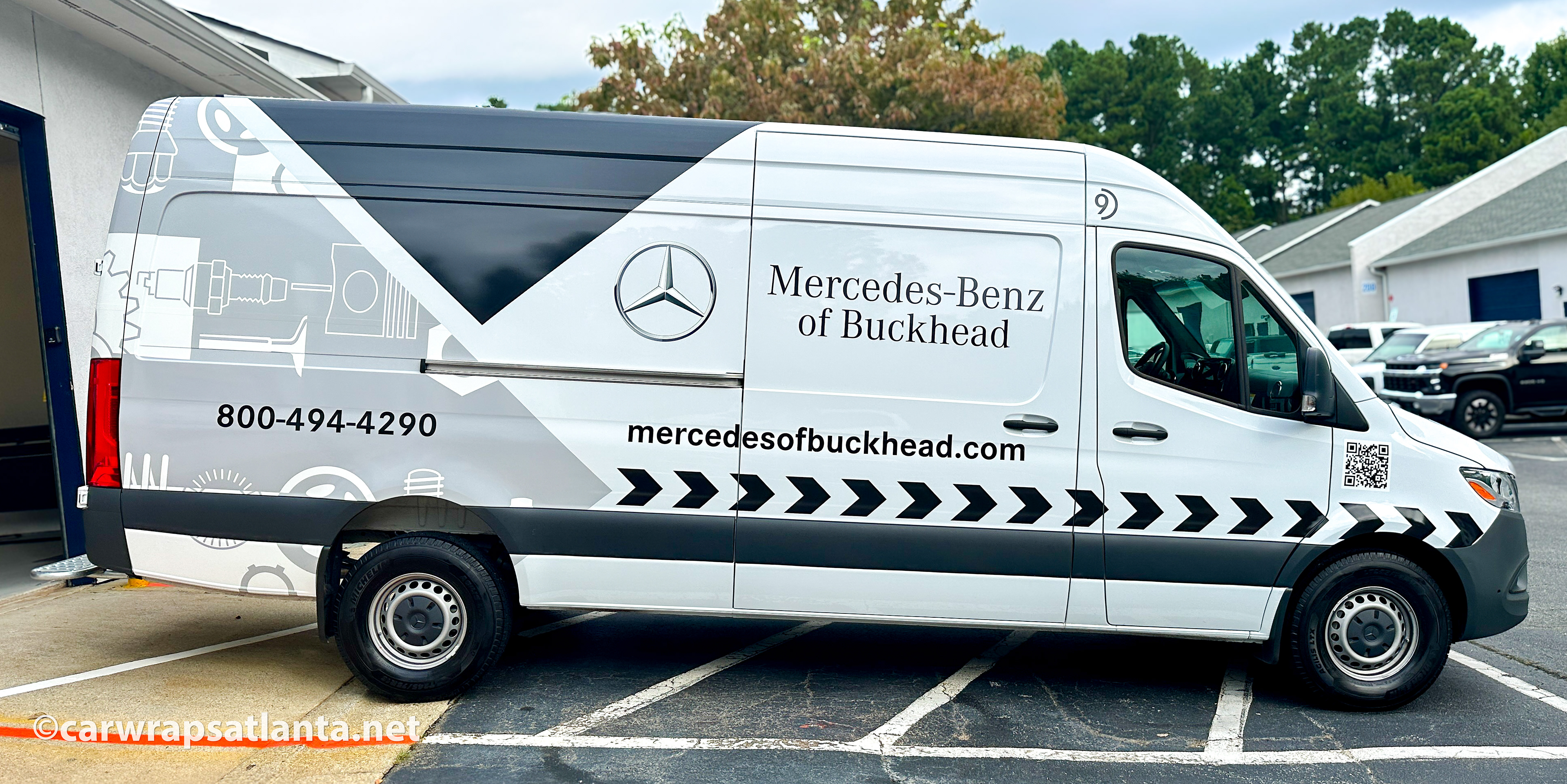 Hero image: Custom spot graphics applied to a Mercedes-Benz Sprinter van for the dealership's parts fleet in Buckhead, Atlanta.