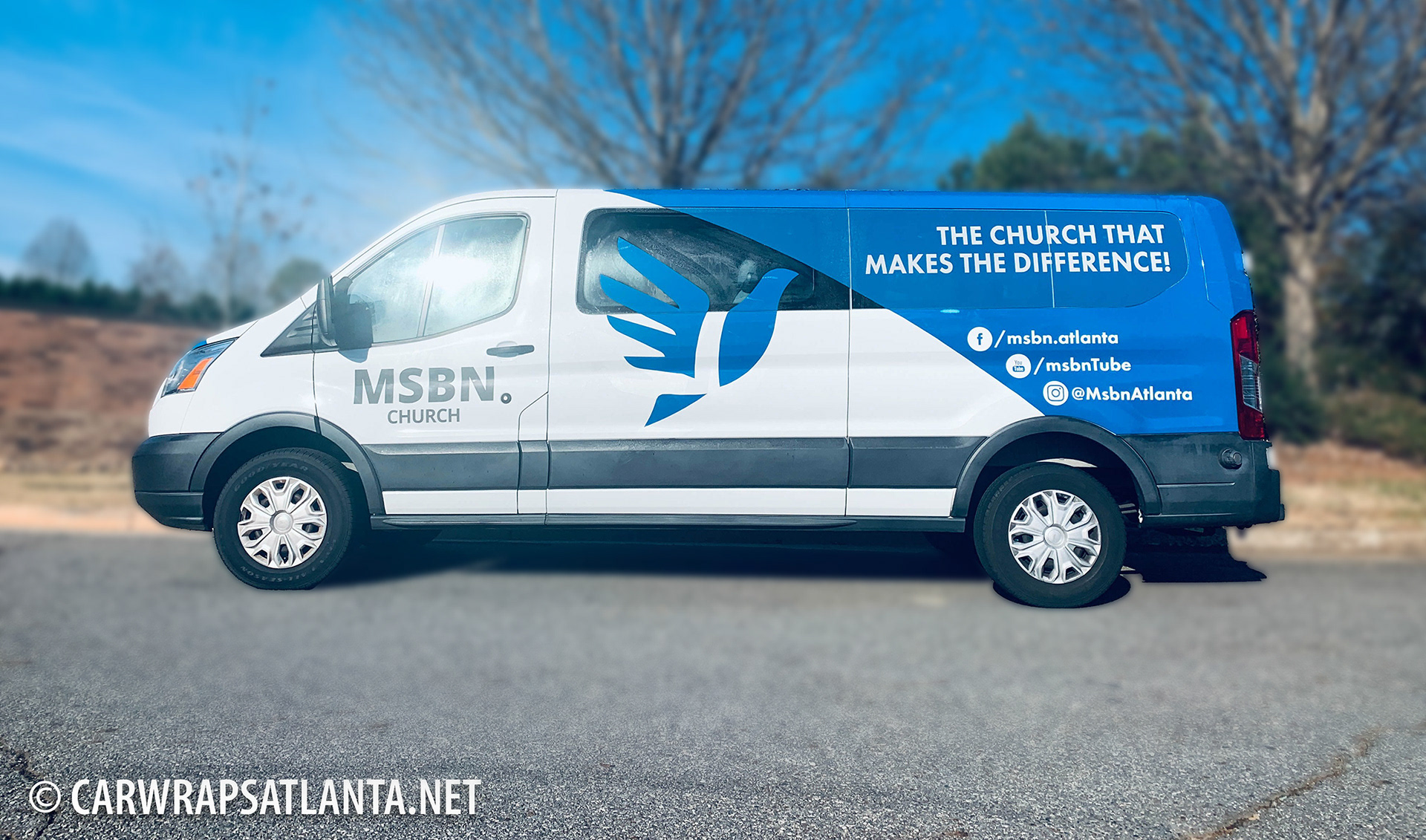 Partial vehicle wrap on a Ford Transit van for MSBN Church in Atlanta, GA.