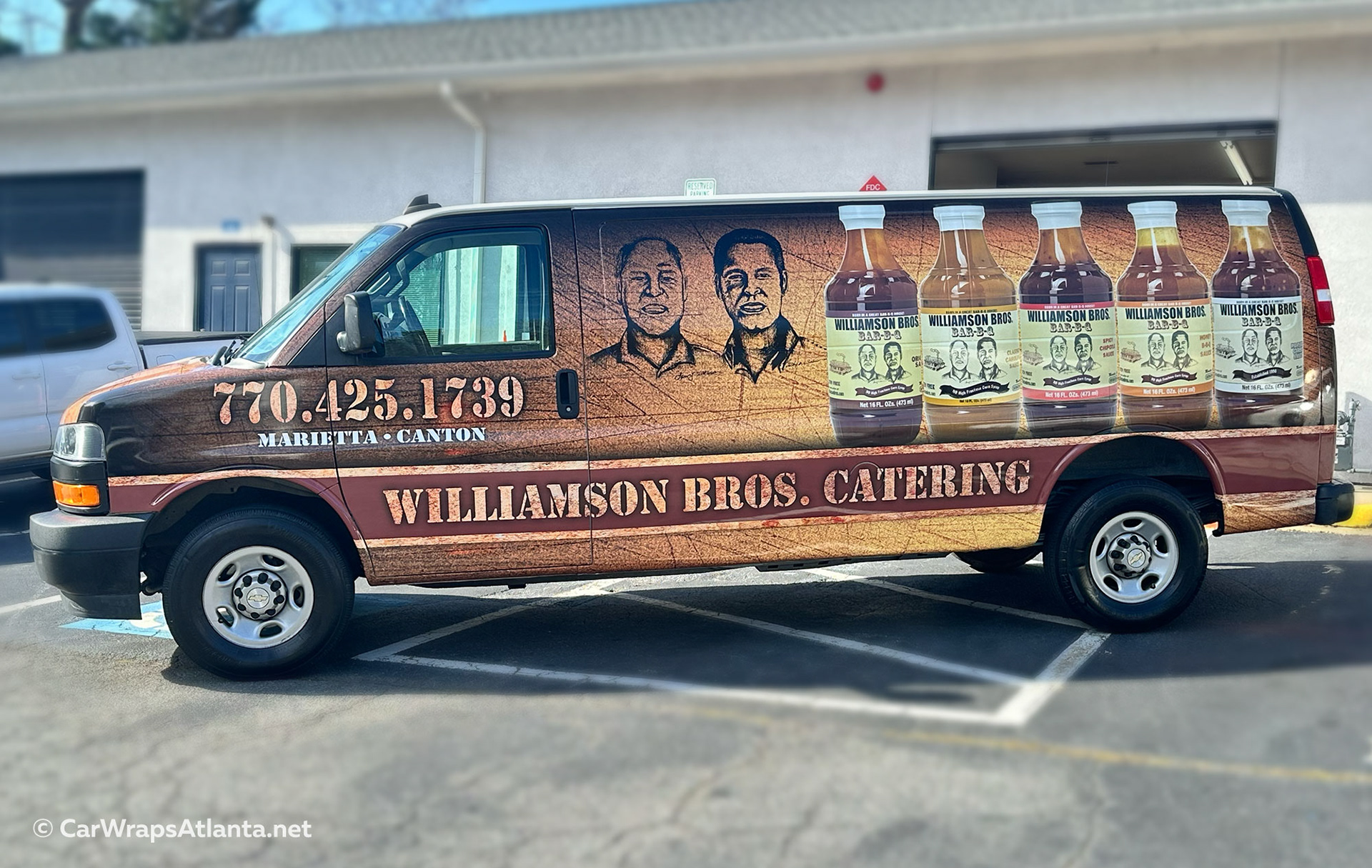 Commercial vehicle wrap on Chevy Express for Williamson Bros Bar-B-Q in Atlanta, combining full-color fleet wraps with eye-catching vehicle graphics for maximum brand exposure.