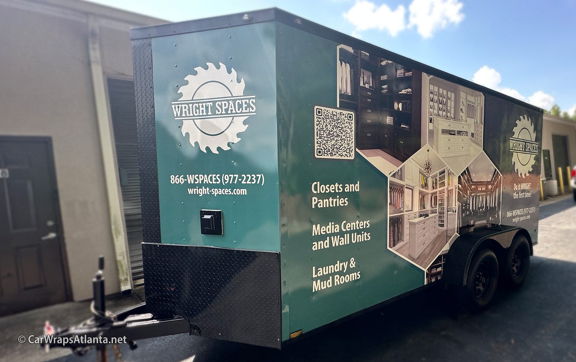 Close-up of custom closets and home renovation services graphic details on the full trailer wrap.