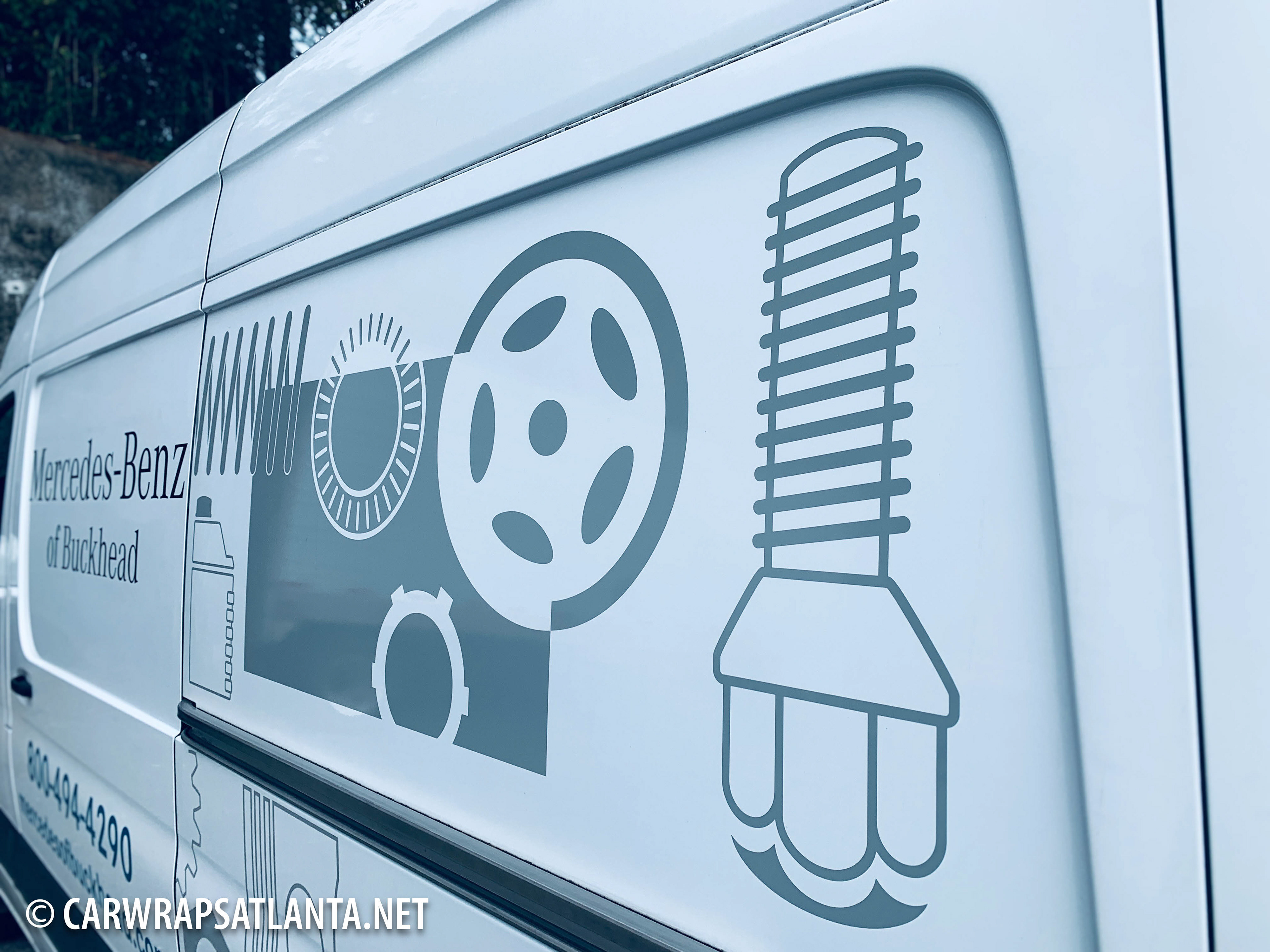 Partial wrap on the Mercedes-Benz Sprinter van maximizing brand exposure in the Buckhead area.