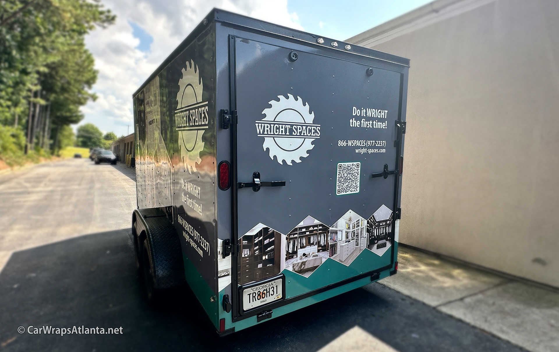 Full side view of the Wright Spaces trailer wrap demonstrating maximum visibility for a home remodelling company.