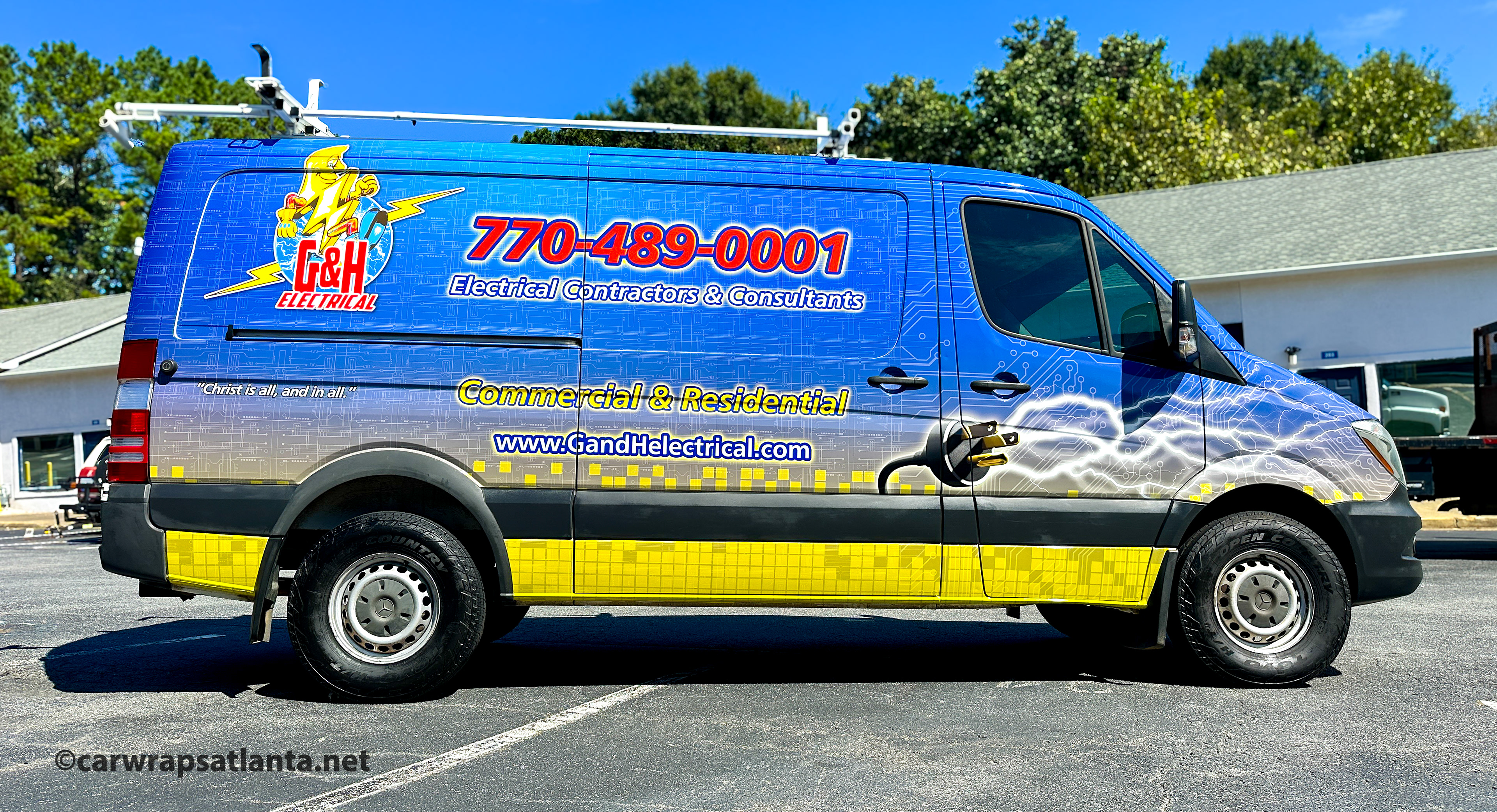 Hero image: Full commercial wrap on a Mercedes-Benz Sprinter van for an electrical company in Douglasville, GA.
