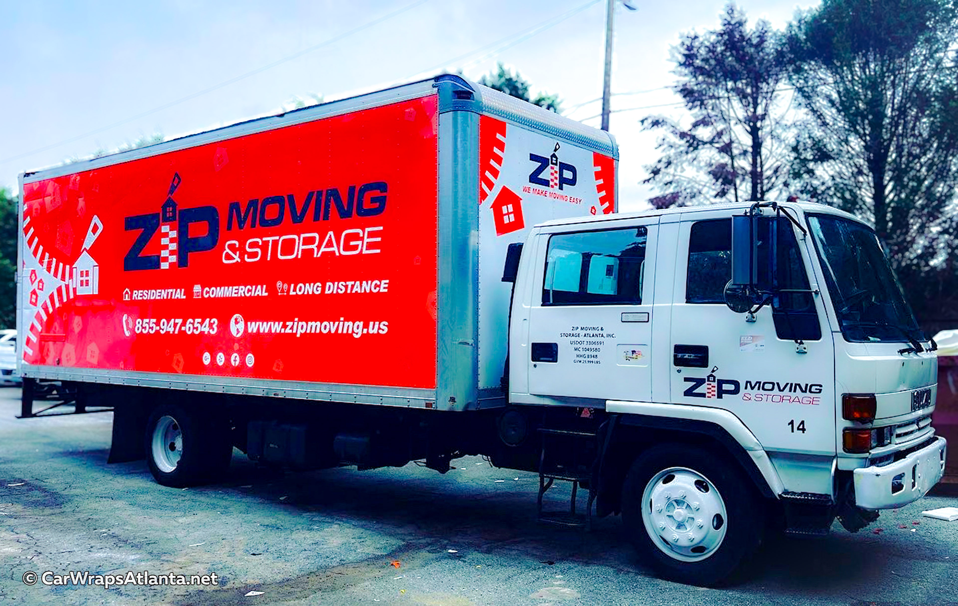 Close-up of the professional logo and contact information on the full Zip Moving box truck wrap.