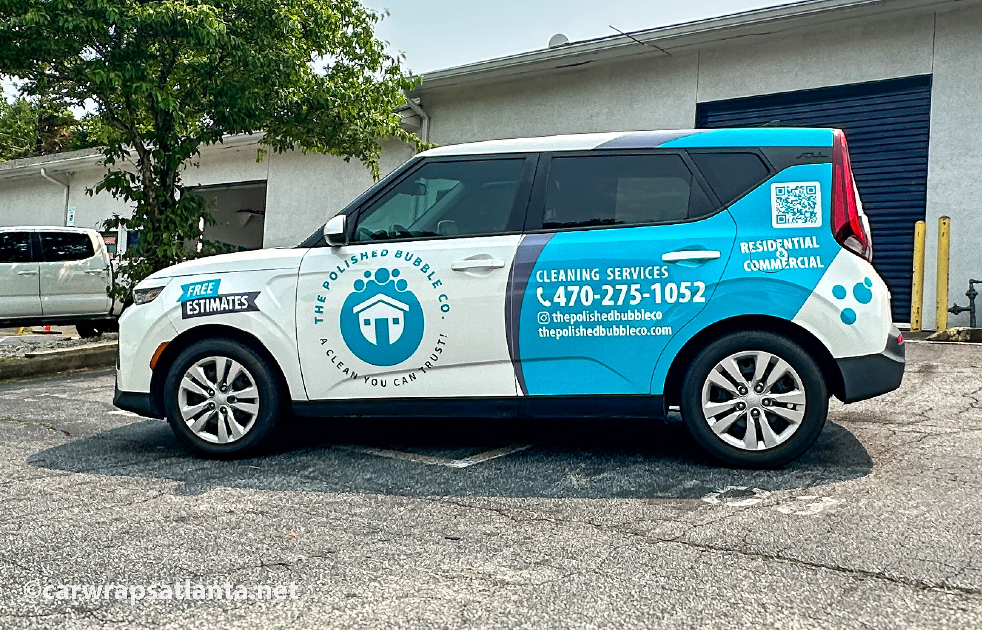 Hero image: Custom partial wrap on a Kia Soul SUV for a cleaning service company located in Marietta, GA.