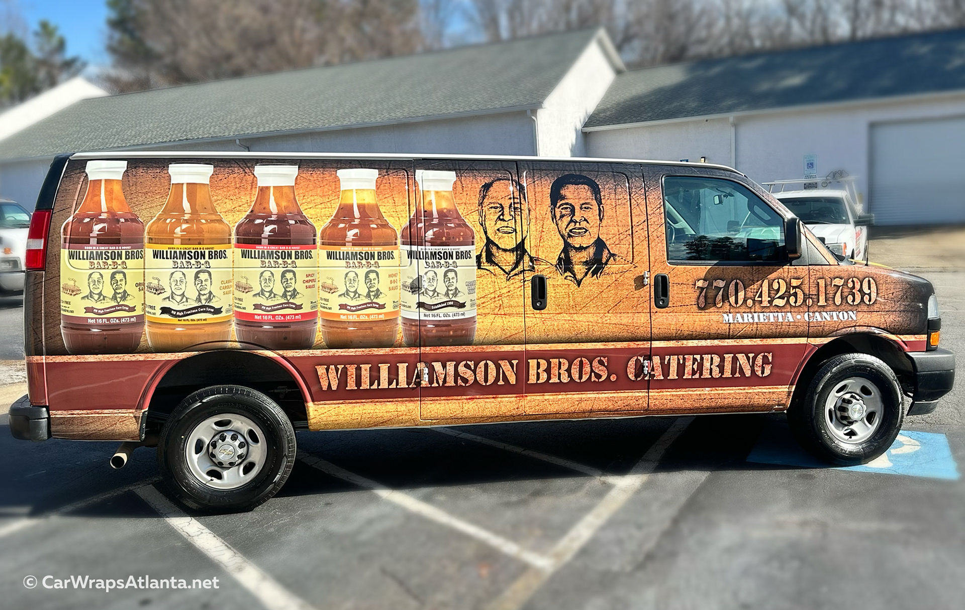 Chevy Express full wrap with high-impact vehicle graphics for Williamson Bros Bar-B-Q, part of a fleet wraps project in Atlanta featuring complete branding and mobile advertising.