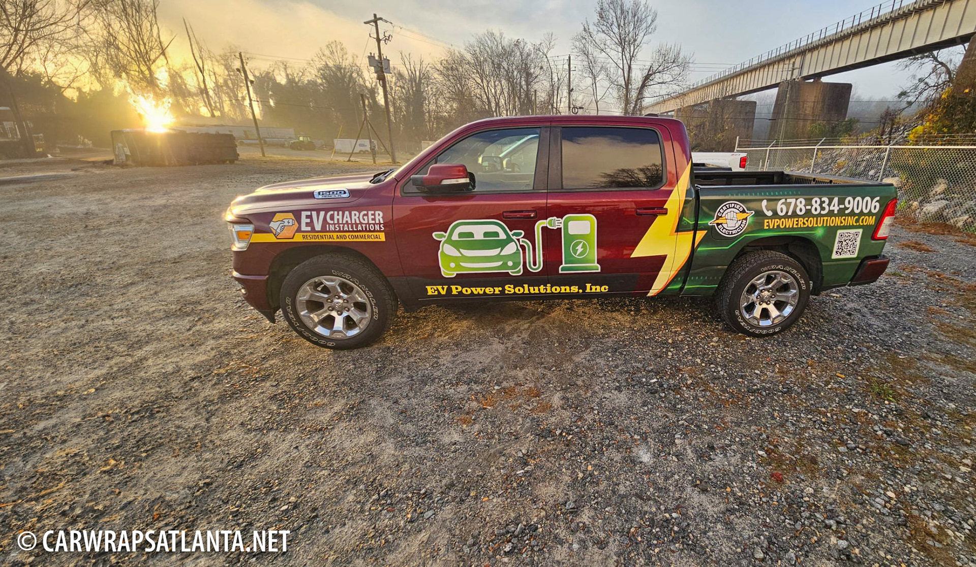 Hero image: Custom partial vehicle wrap on a Dodge Ram truck for EV Power Solutions, Inc. in Atlanta.