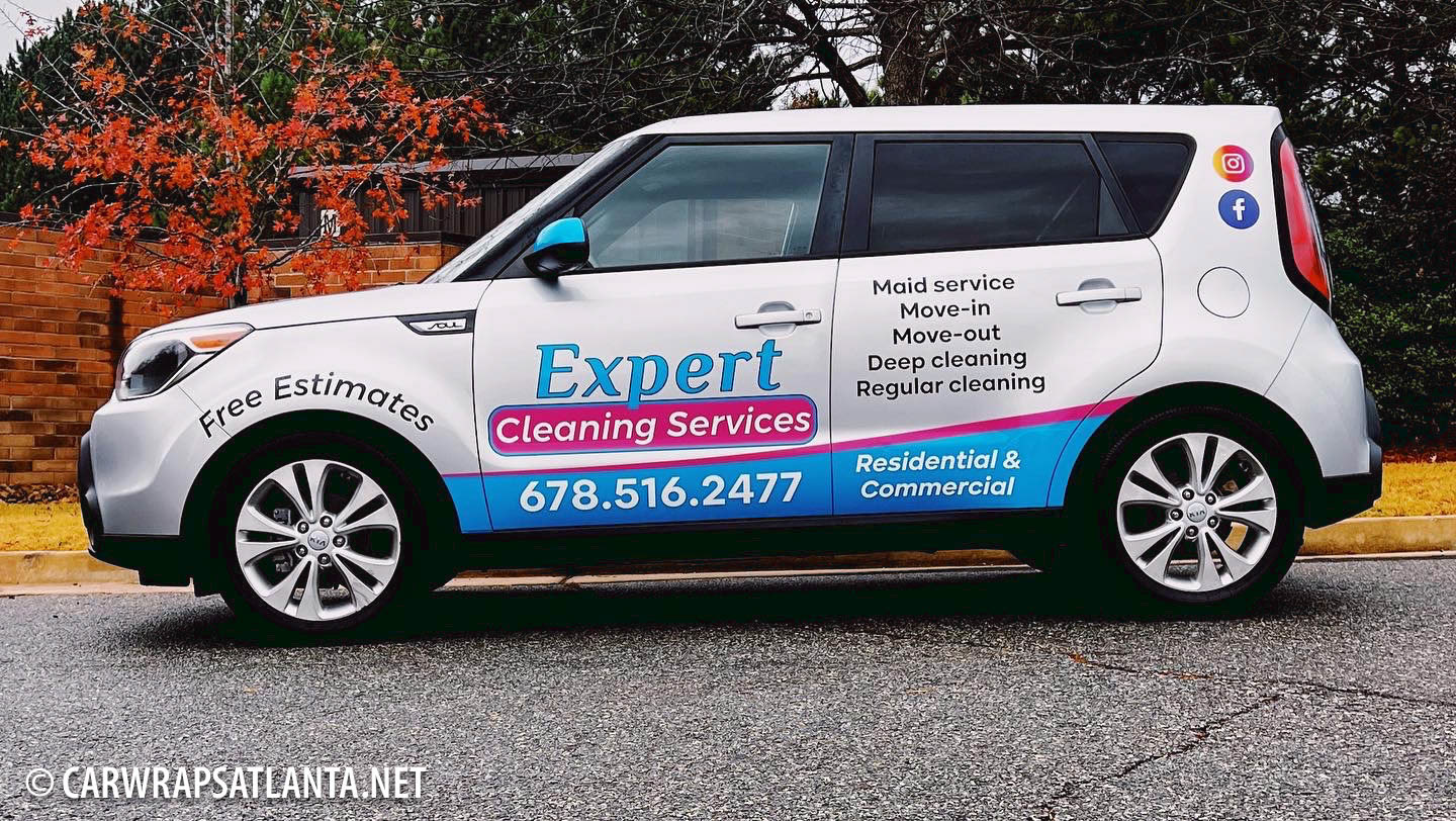 Hero image: Custom partial vehicle wrap on a Kia Soul for a professional cleaning service company in Atlanta, GA.