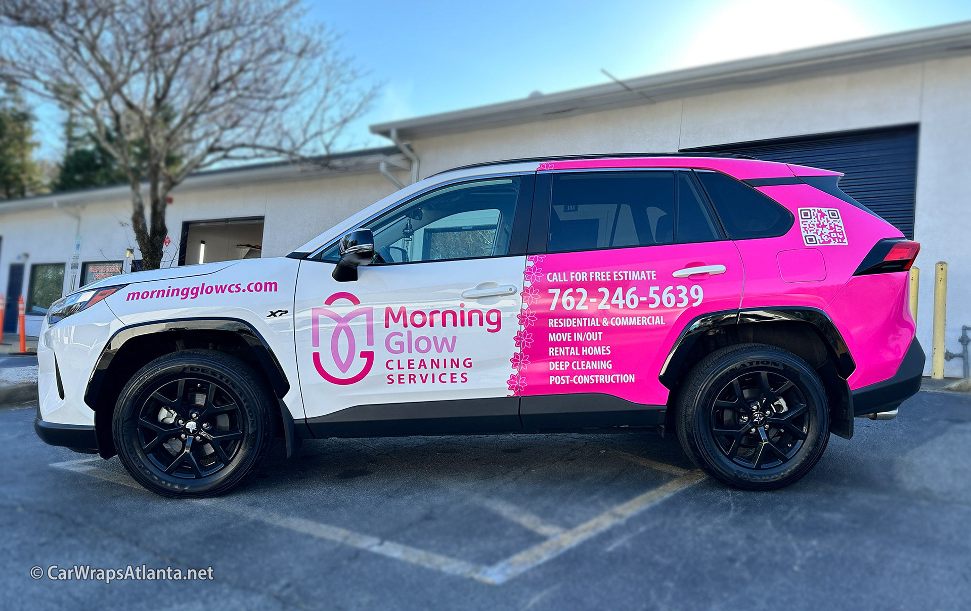 Hero image: Eye-catching partial wrap on a Toyota RAV4 for Morning Glow Cleaning Services in Atlanta.