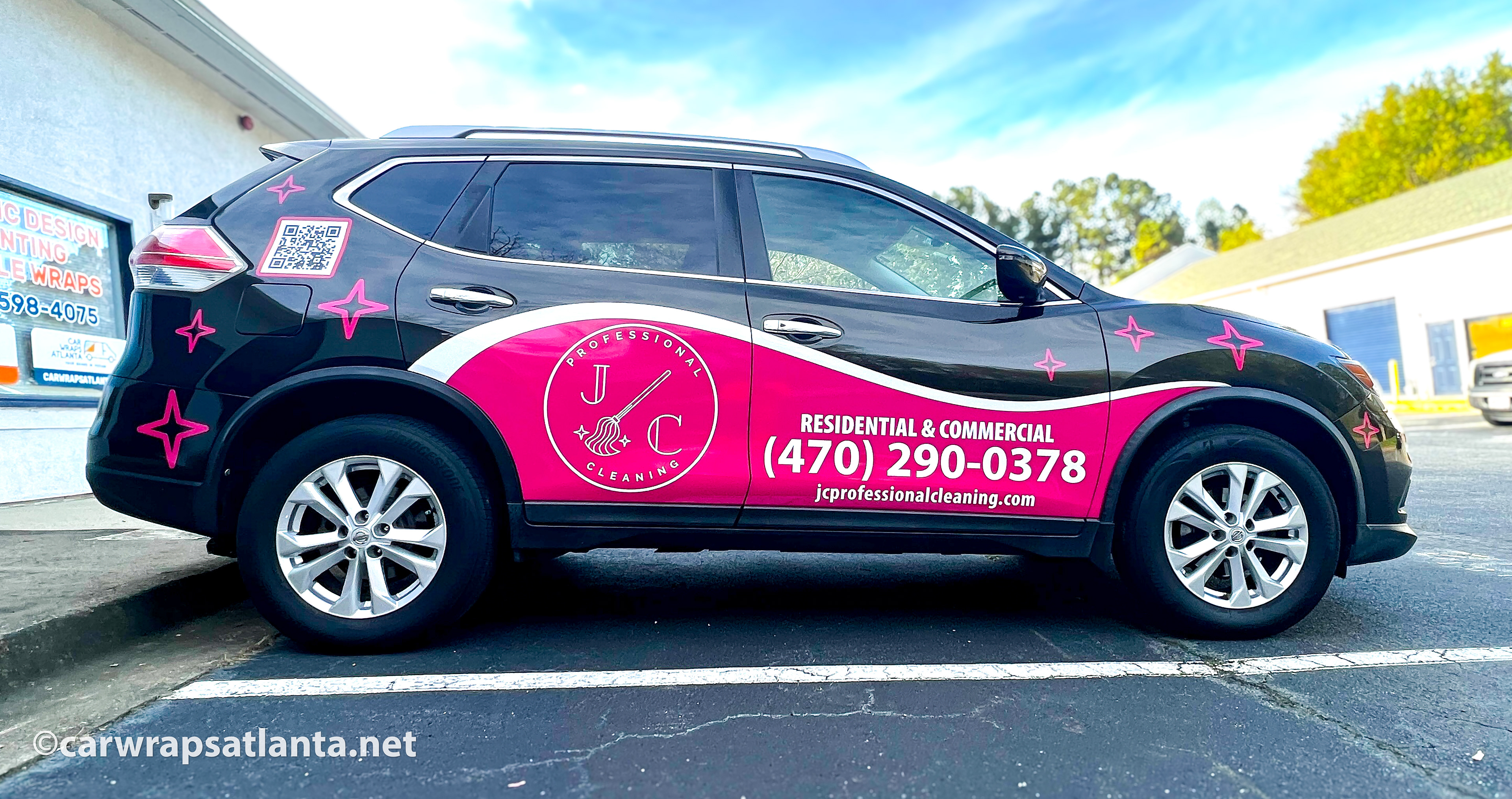 Hero image: Custom partial vehicle wrap on a Nissan Rogue SUV for a cleaning service company in Marietta, GA.