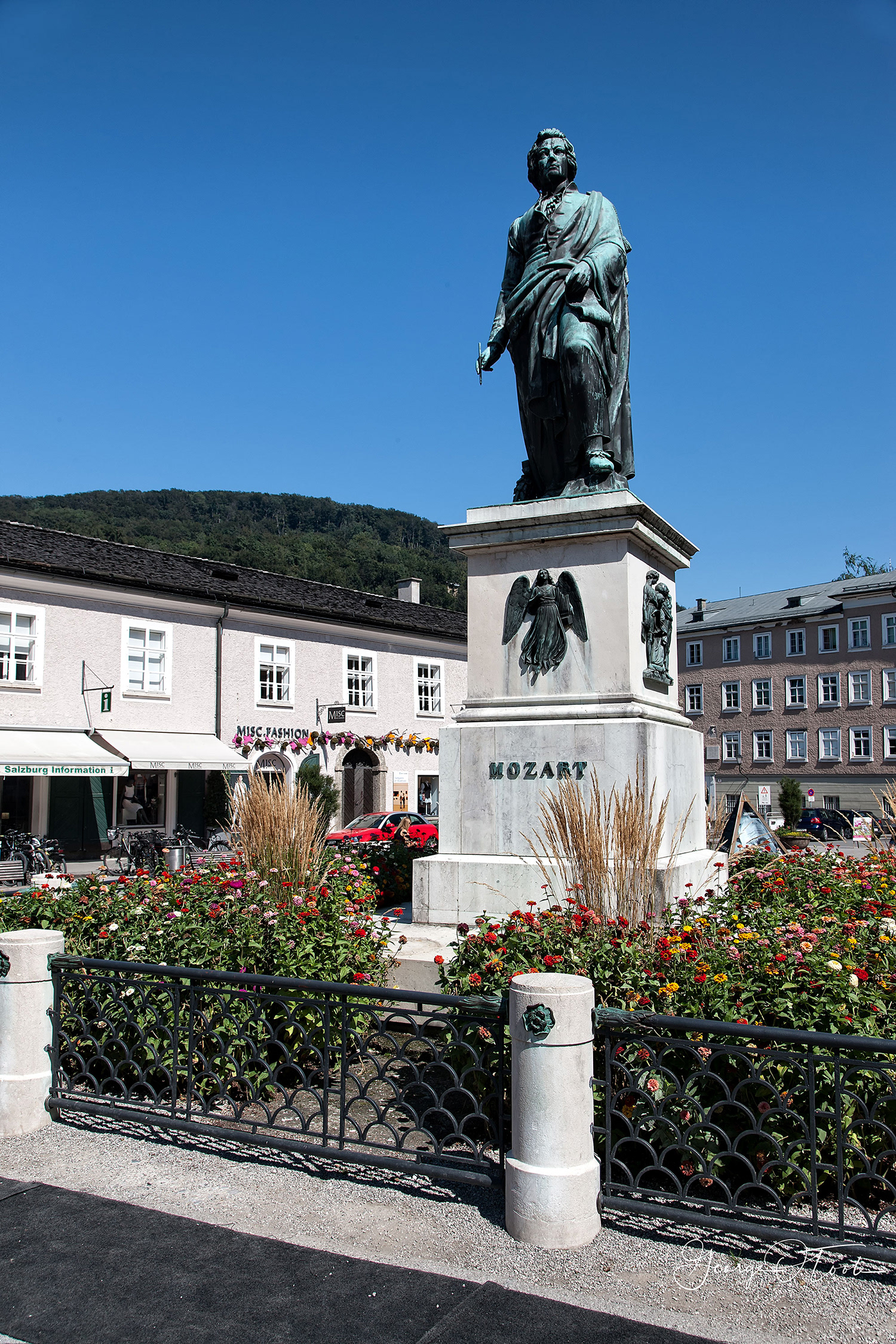 Mozarts statue in Mozart-Square Salzburg