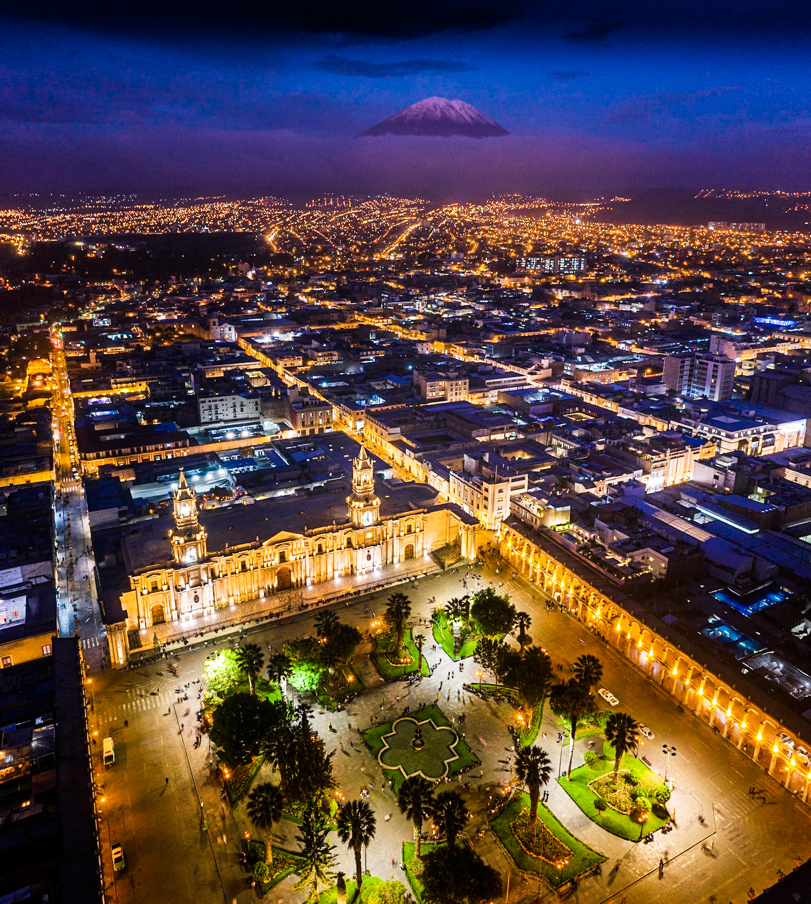 Aerial night view of Arequipa main square and cathedral church, in Peru