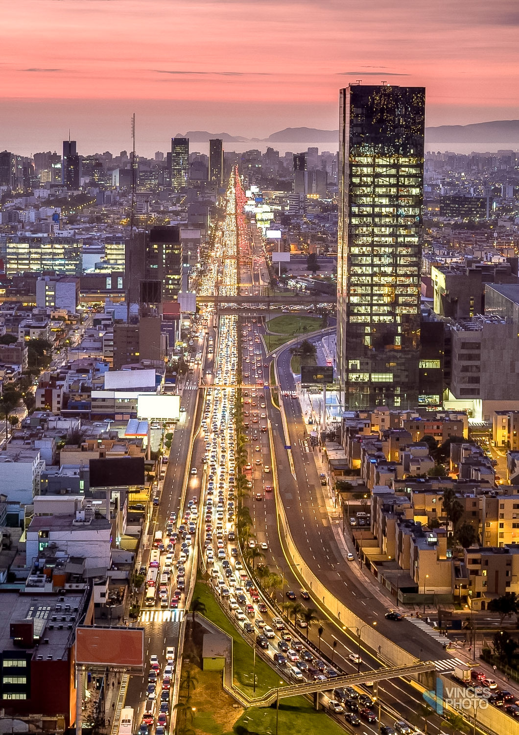 LIMA, PERU: Javier Prado avenue at rush hour in blue time.