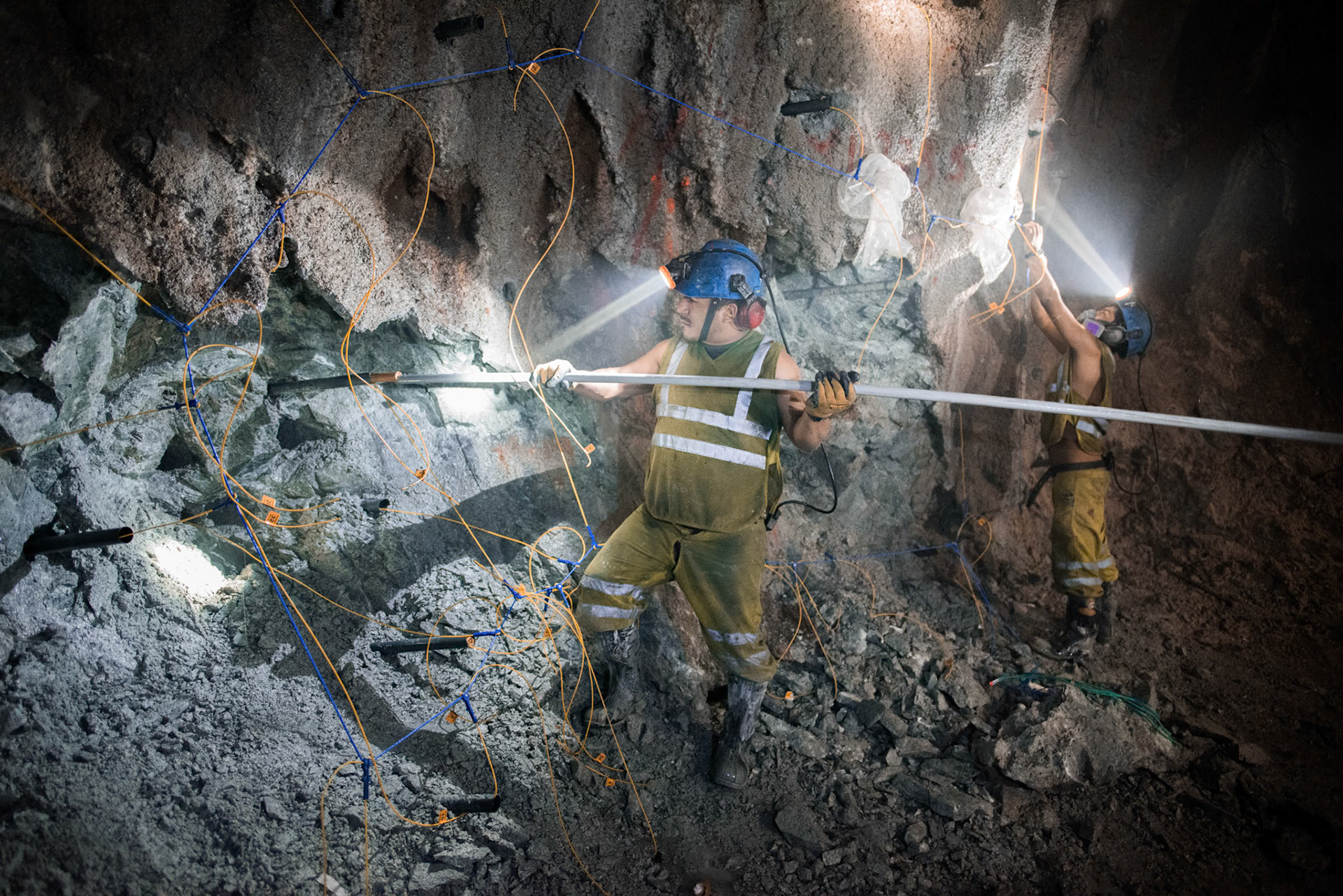 TRUJILLO, PERU - CIRCA 2015: Two men work with explosives in a mine circa 2015 in Trujillo, Peru.