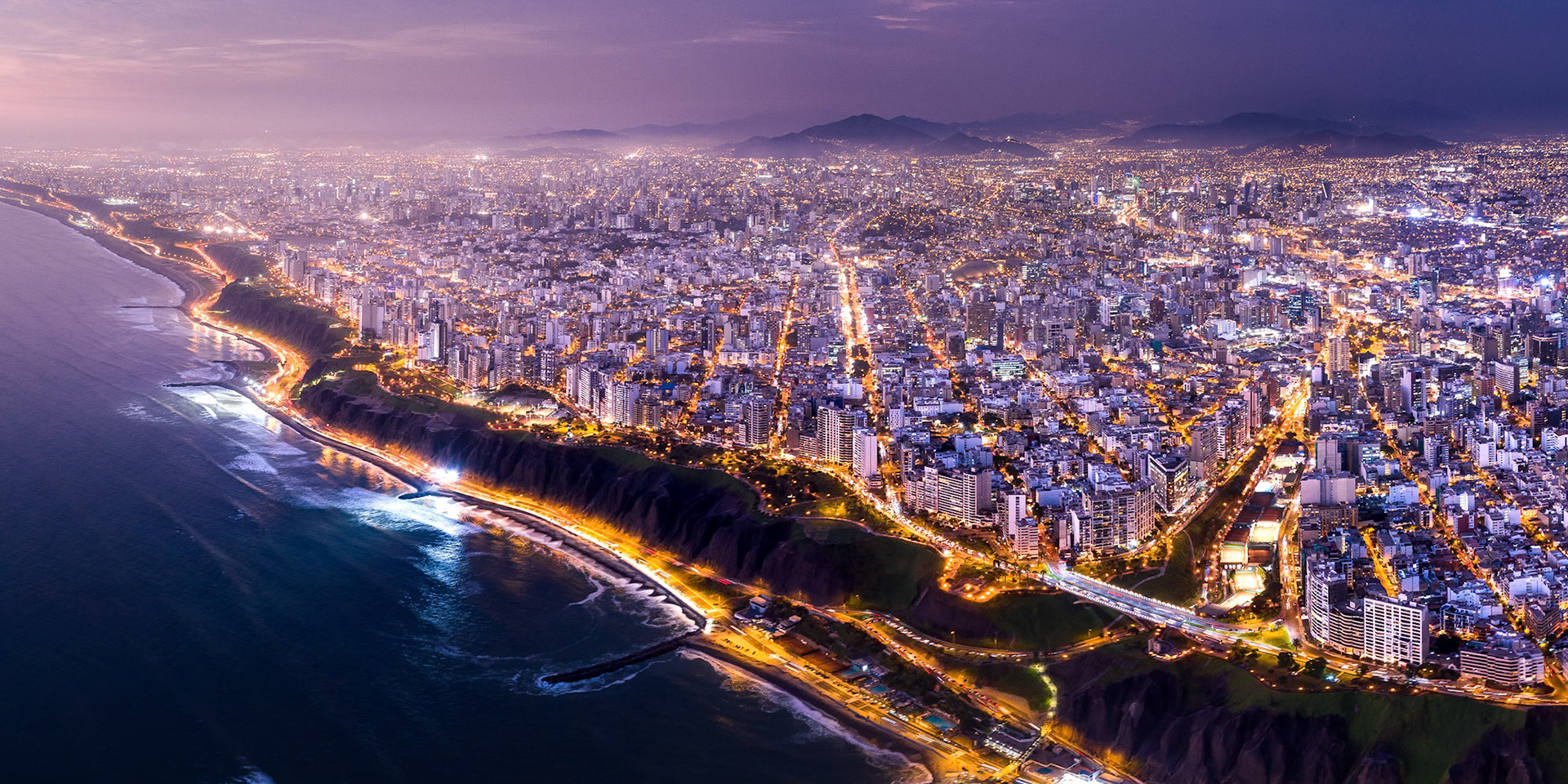 LIMA, PERU: Panoramic aerial view of Lima at evening.