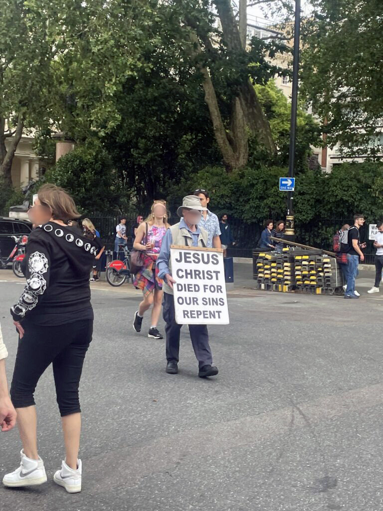Homophobic protester during London Pride, taken By Author 2023