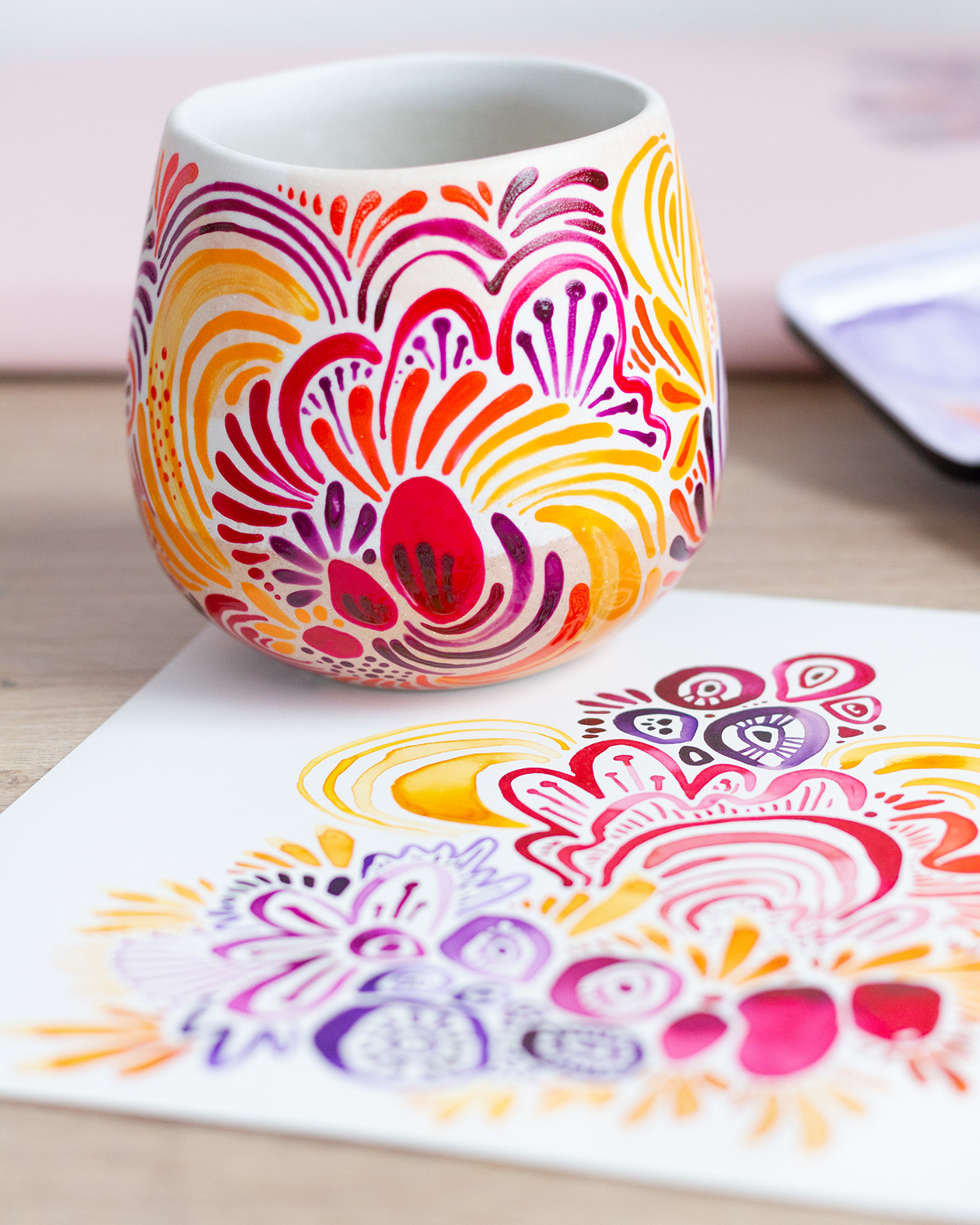 Handpainted rainbow doodles mug