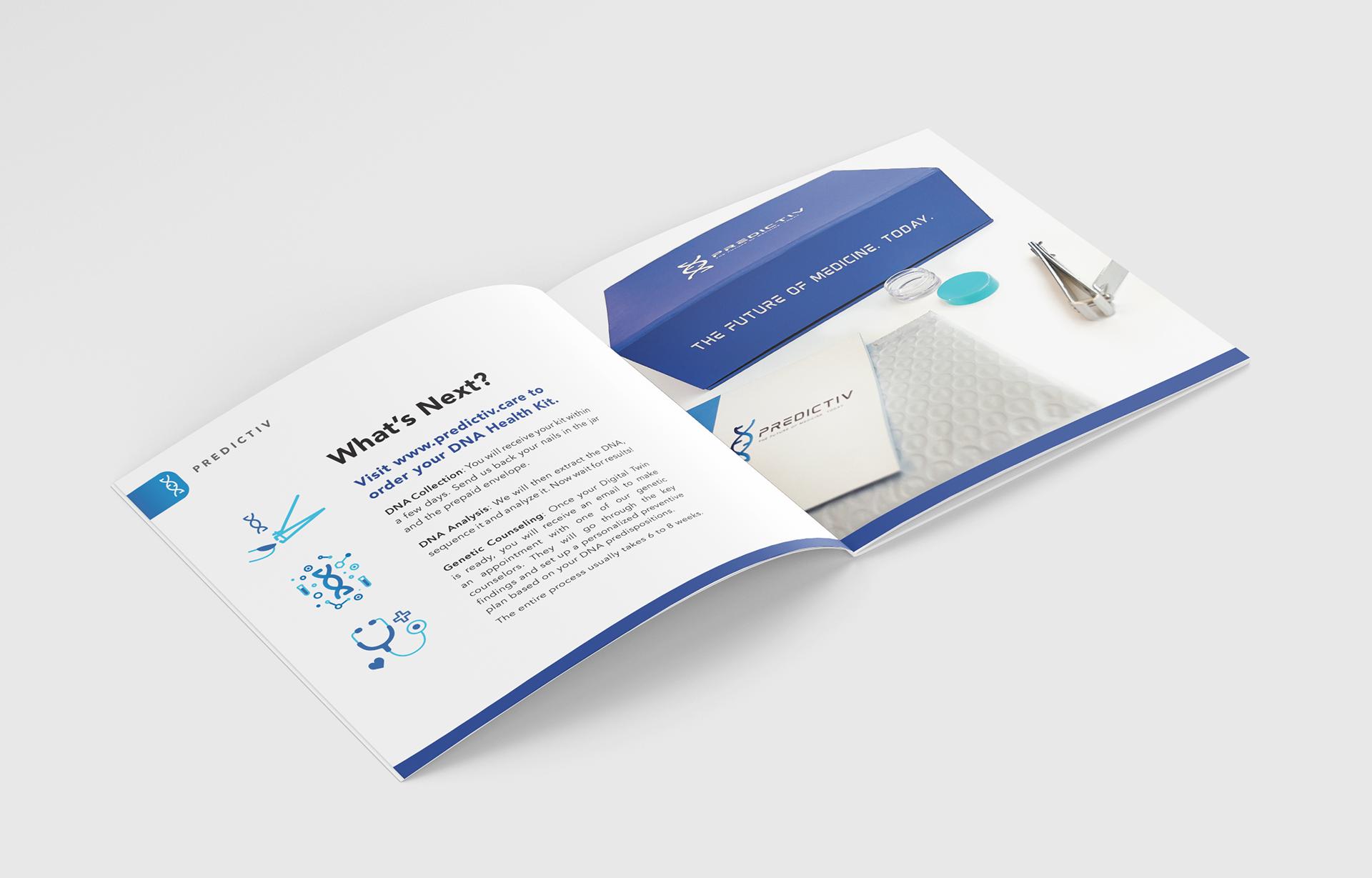 Educational print booklet designed for use in healthcare and clinical environments to help communicate Predictiv’s services and technology in a clear, approachable way. I developed the layout system, visual hierarchy, and supporting graphics to simplify complex health information while maintaining a clean, modern brand experience across print materials.
