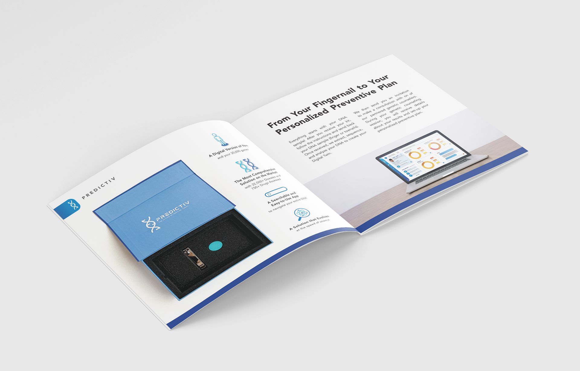 Educational print booklet designed for use in healthcare and clinical environments to help communicate Predictiv’s services and technology in a clear, approachable way. I developed the layout system, visual hierarchy, and supporting graphics to simplify complex health information while maintaining a clean, modern brand experience across print materials.