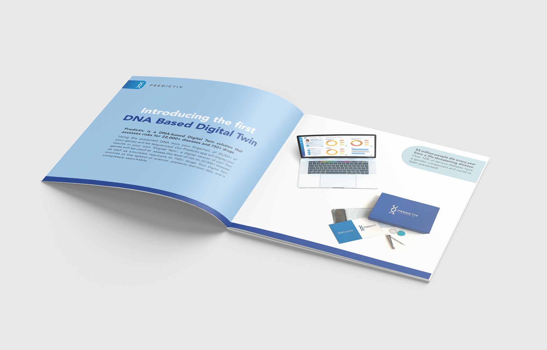 Educational print booklet designed for use in healthcare and clinical environments to help communicate Predictiv’s services and technology in a clear, approachable way. I developed the layout system, visual hierarchy, and supporting graphics to simplify complex health information while maintaining a clean, modern brand experience across print materials.