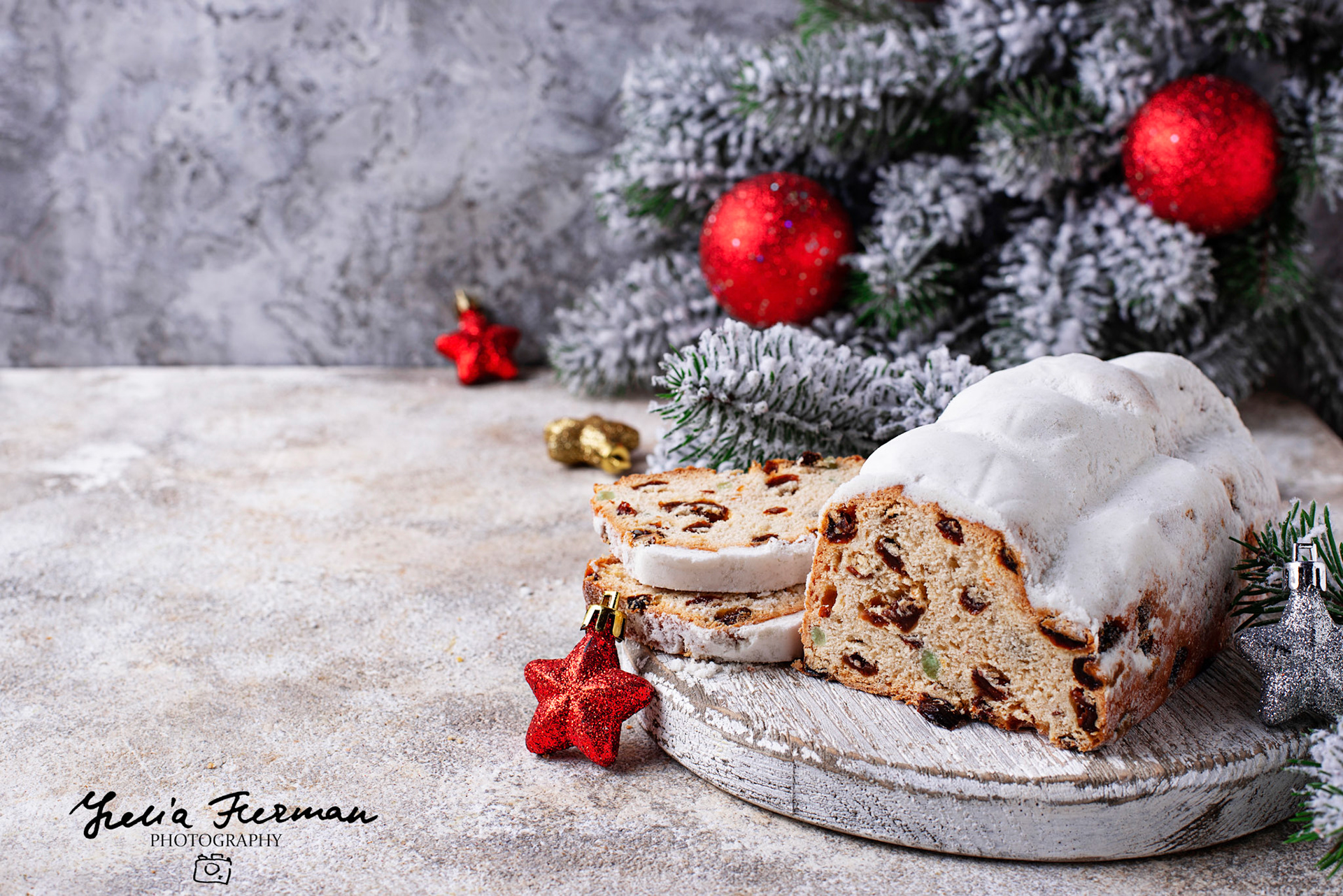 Traditional German Christmas cake stollen with dried fruits