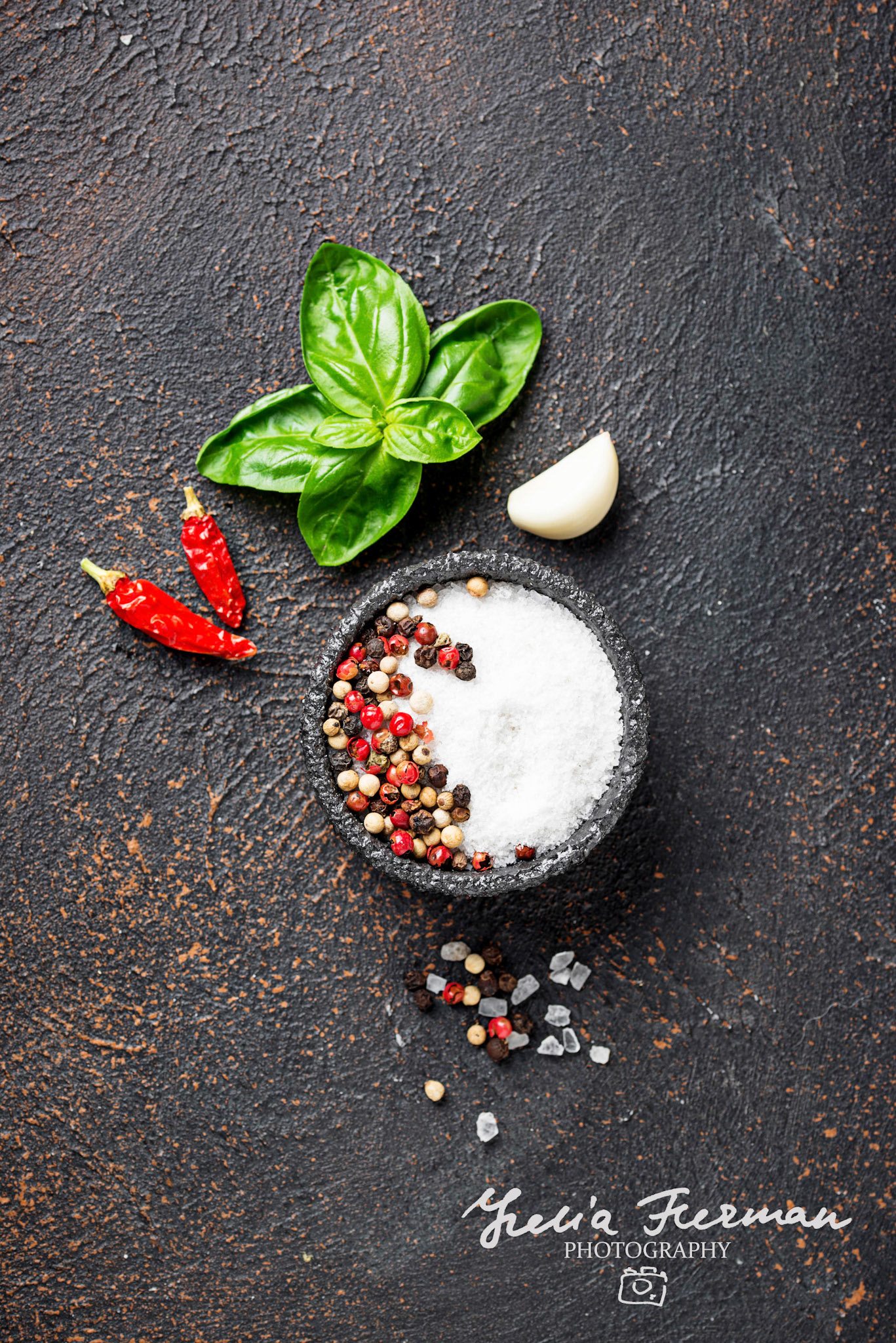 Herbs and spices. Basil, salt and pepper. Top view