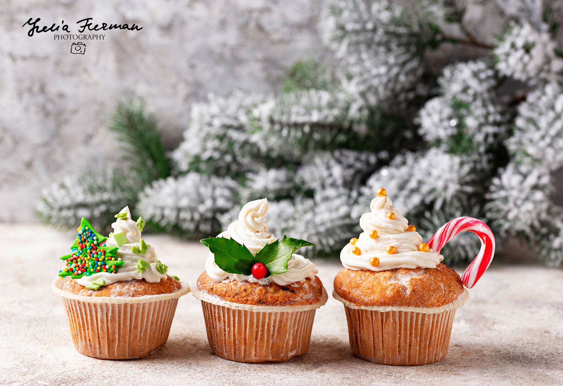 Christmas festive cupcake with different decorations. Party food