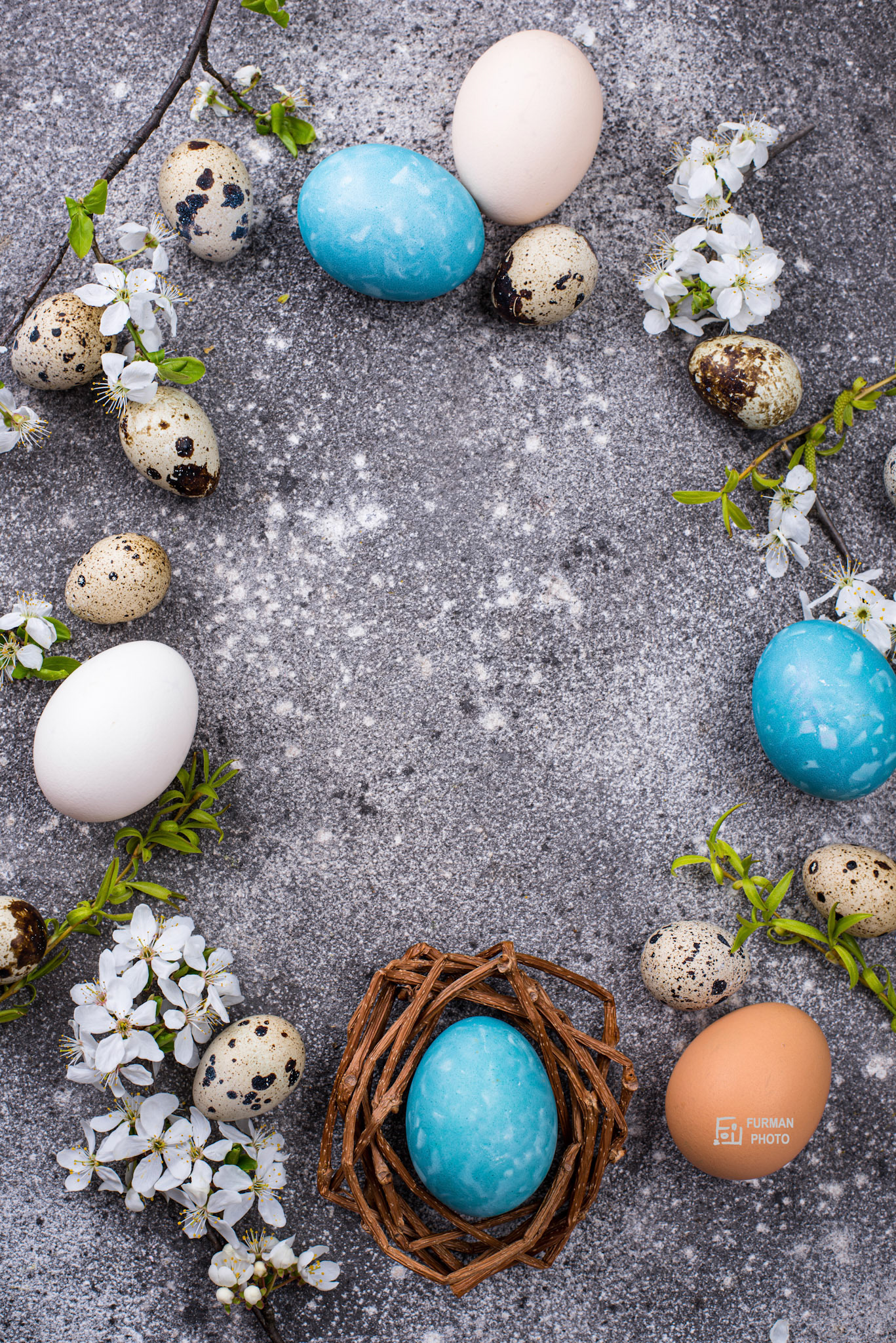 Easter chicken and quail eggs in blue color