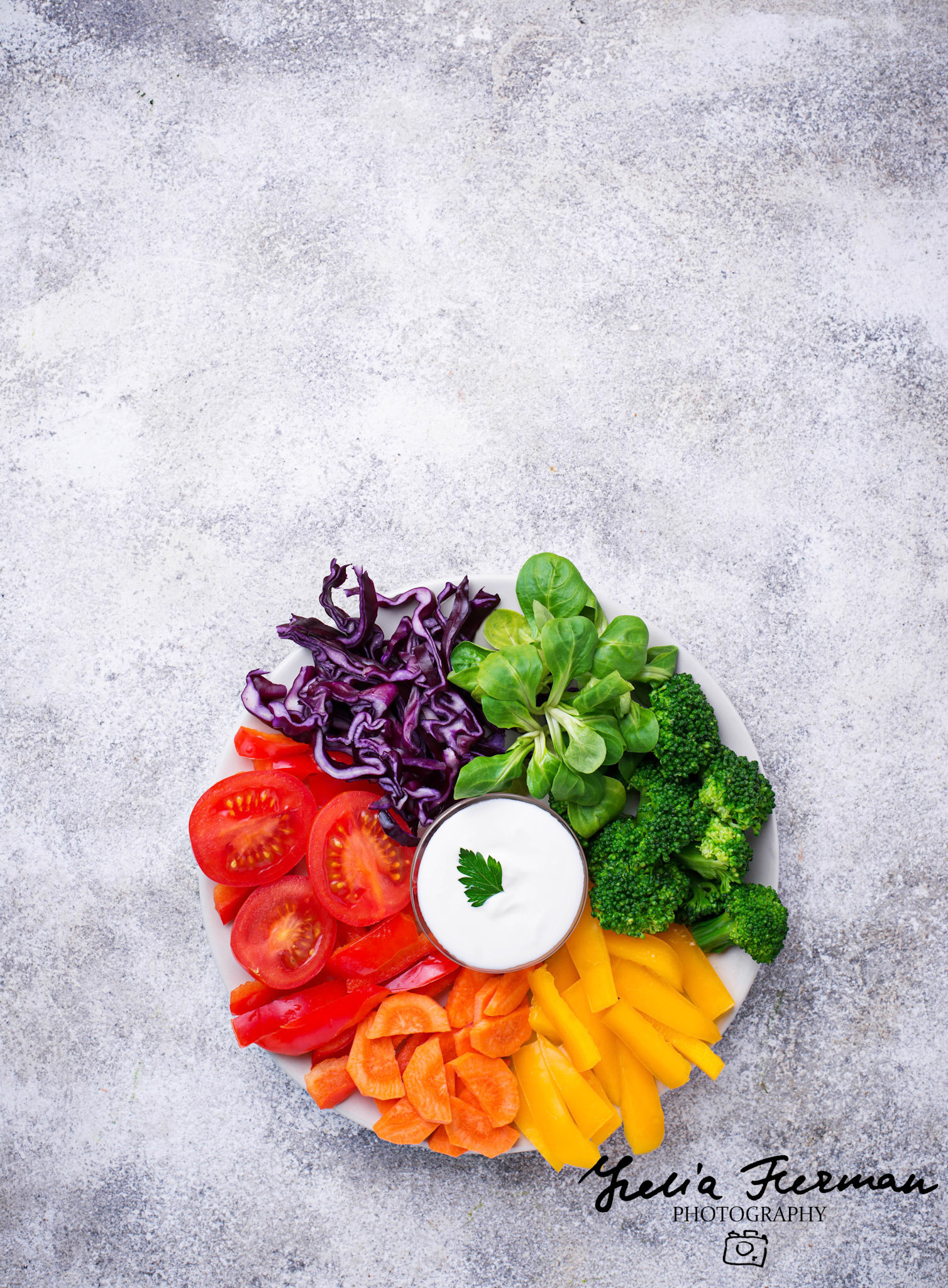 Healthy appetizer or salad from rainbow vegetables. Top view