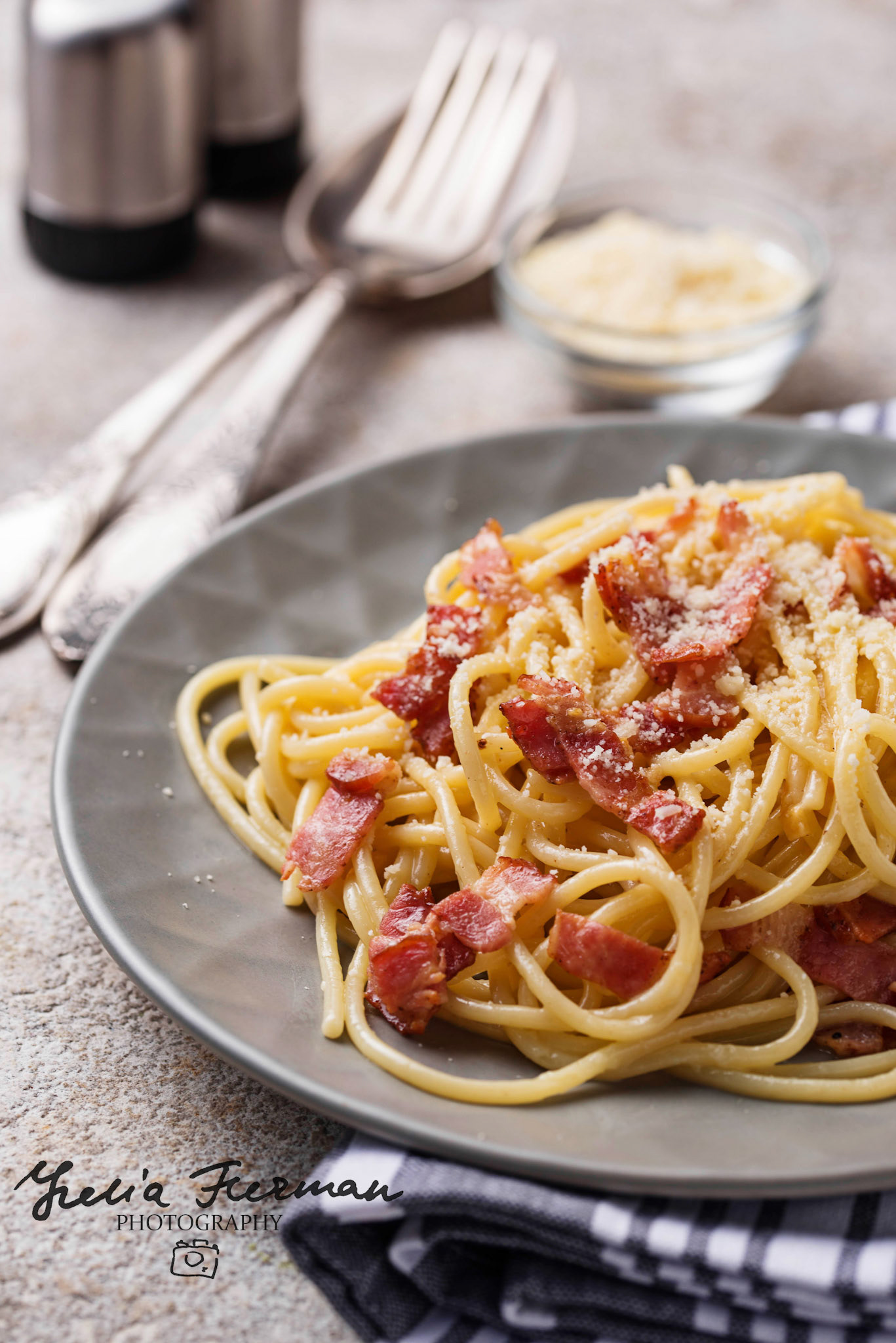 Pasta Carbonara with bacon and parmesan. Selective focus