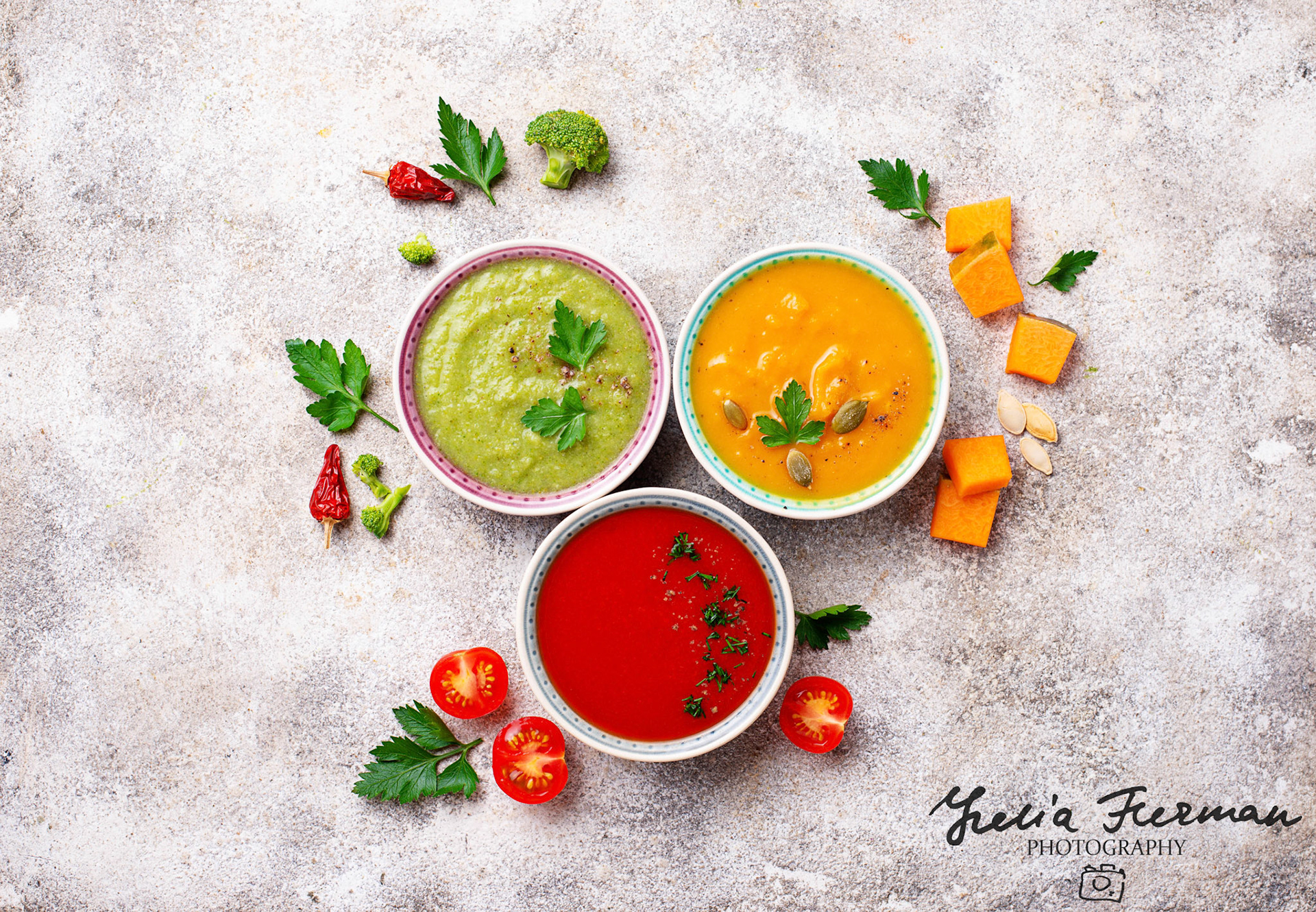 Set of different vegetable cream soups. Top view