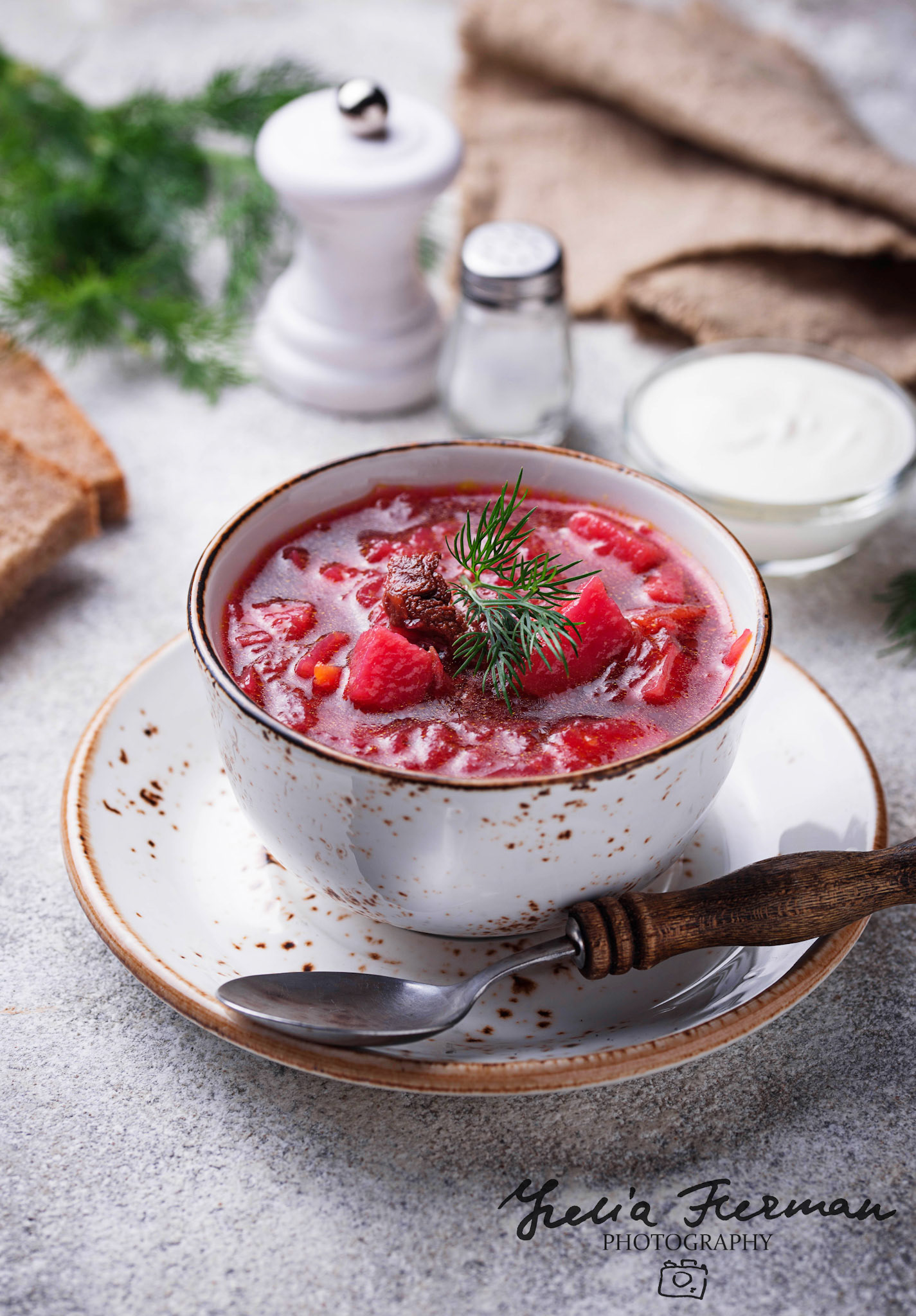 Traditional Ukrainian beetroot soup borsch. Selective focus