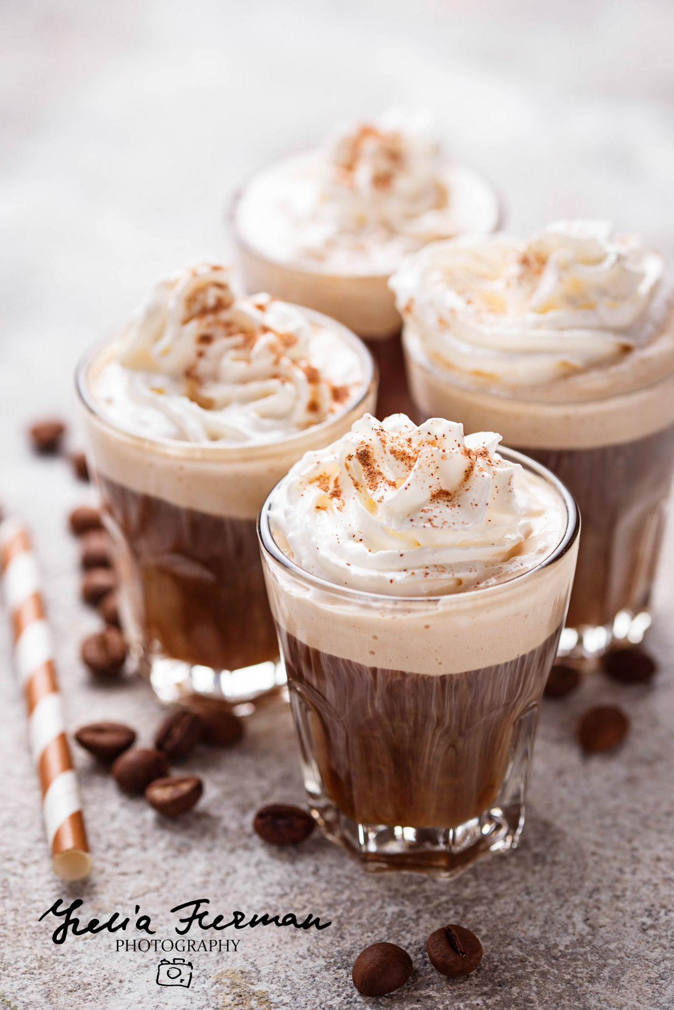 Coffee latte with whipped cream. Selective focus
