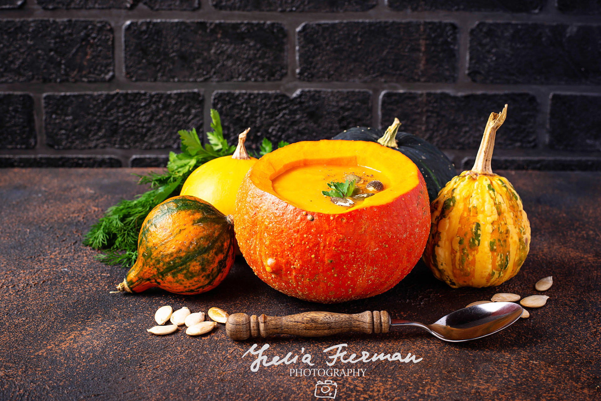 Vegetarian autumn  pumpkin cream soup with seeds