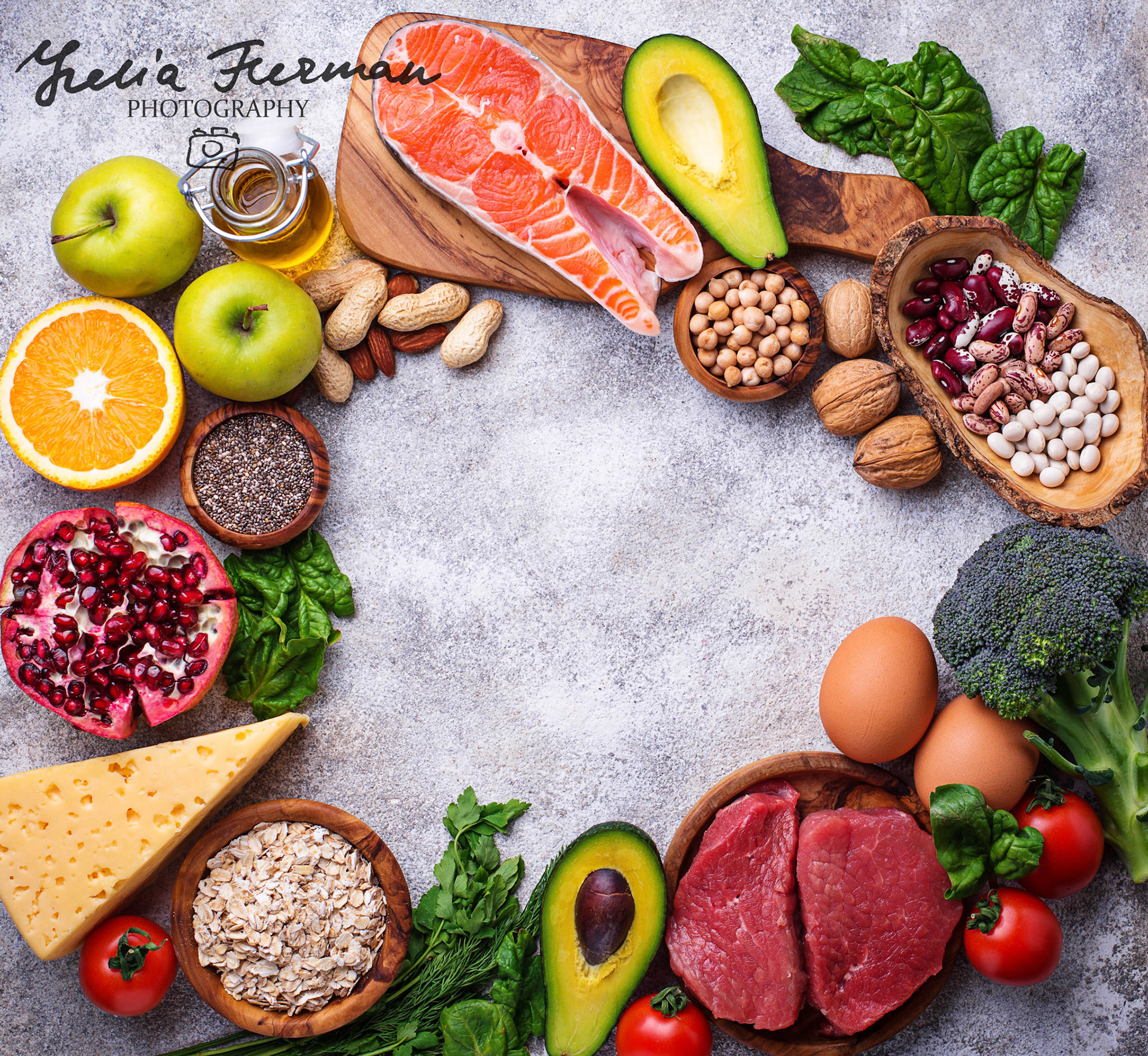 Healthy food and superfood background. Meat, fish, legumes, nuts, seeds, greens, oil and vegetables. Top view, copy space