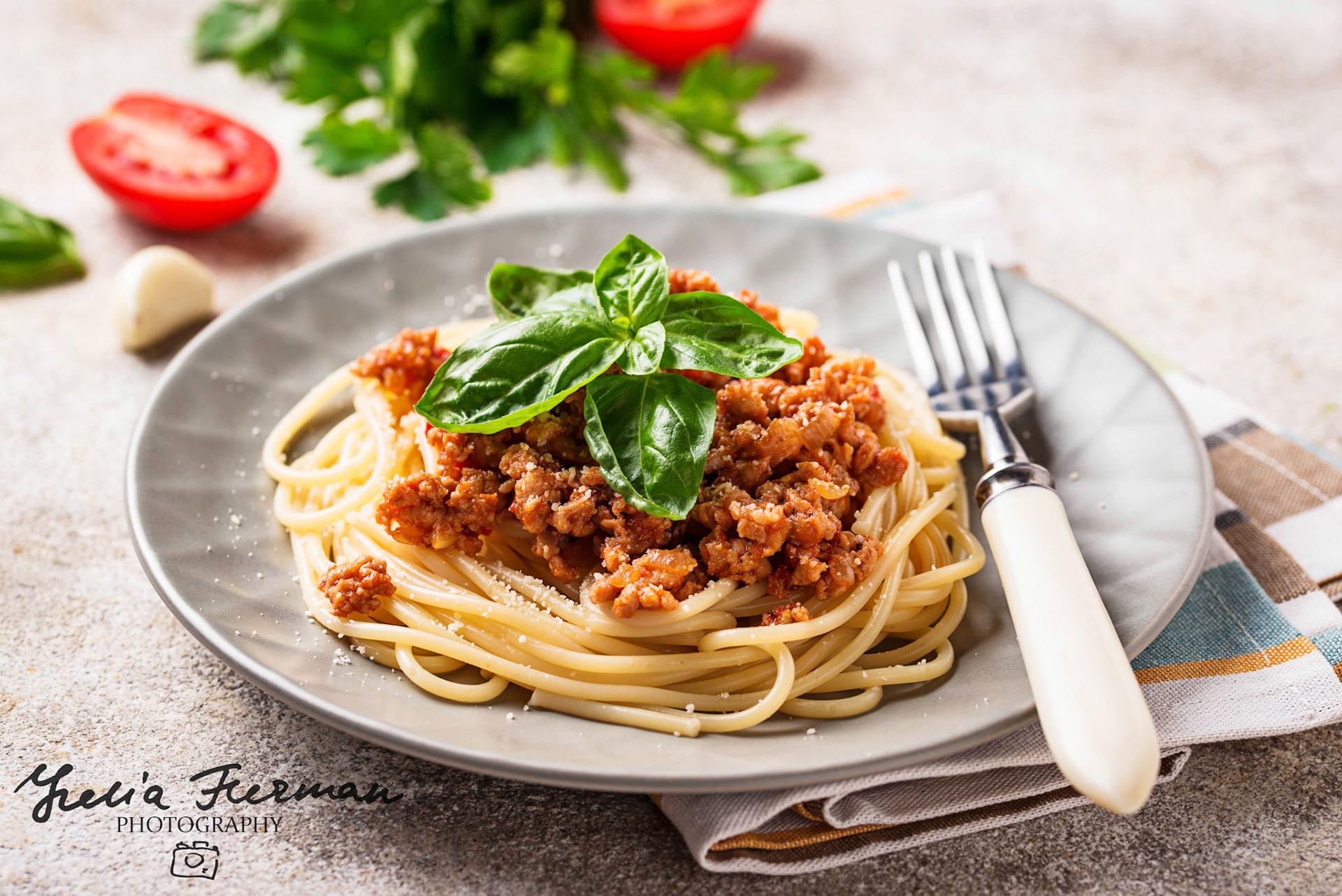 Pasta Bolognese. Spaghetti with meat sauce. Traditional Italian dish