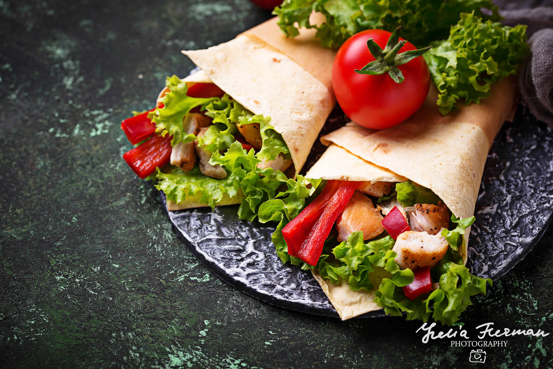Tortilla wraps with  chicken fillet and vegetables. Selective focus
