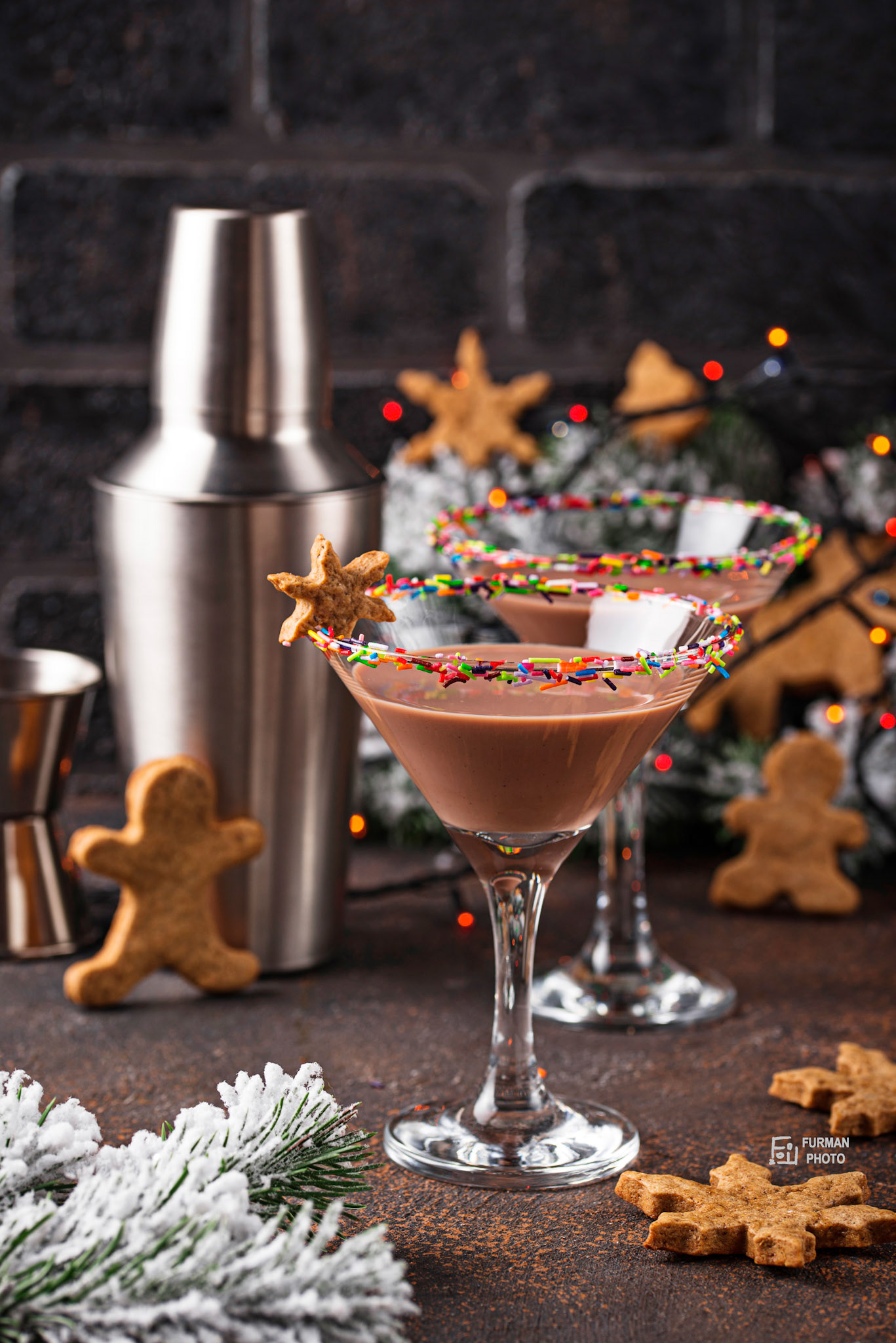 Sugar cookie martini with sprinkles rim. Christmas cocktail