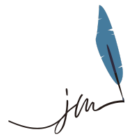 blue quill drawing cursive 'JM' in ink