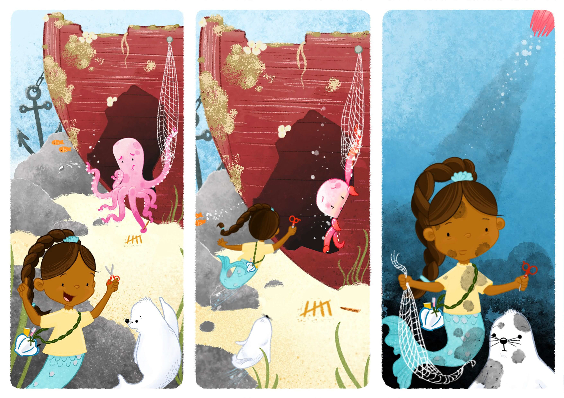 mermaid helps save octopus trapped in net