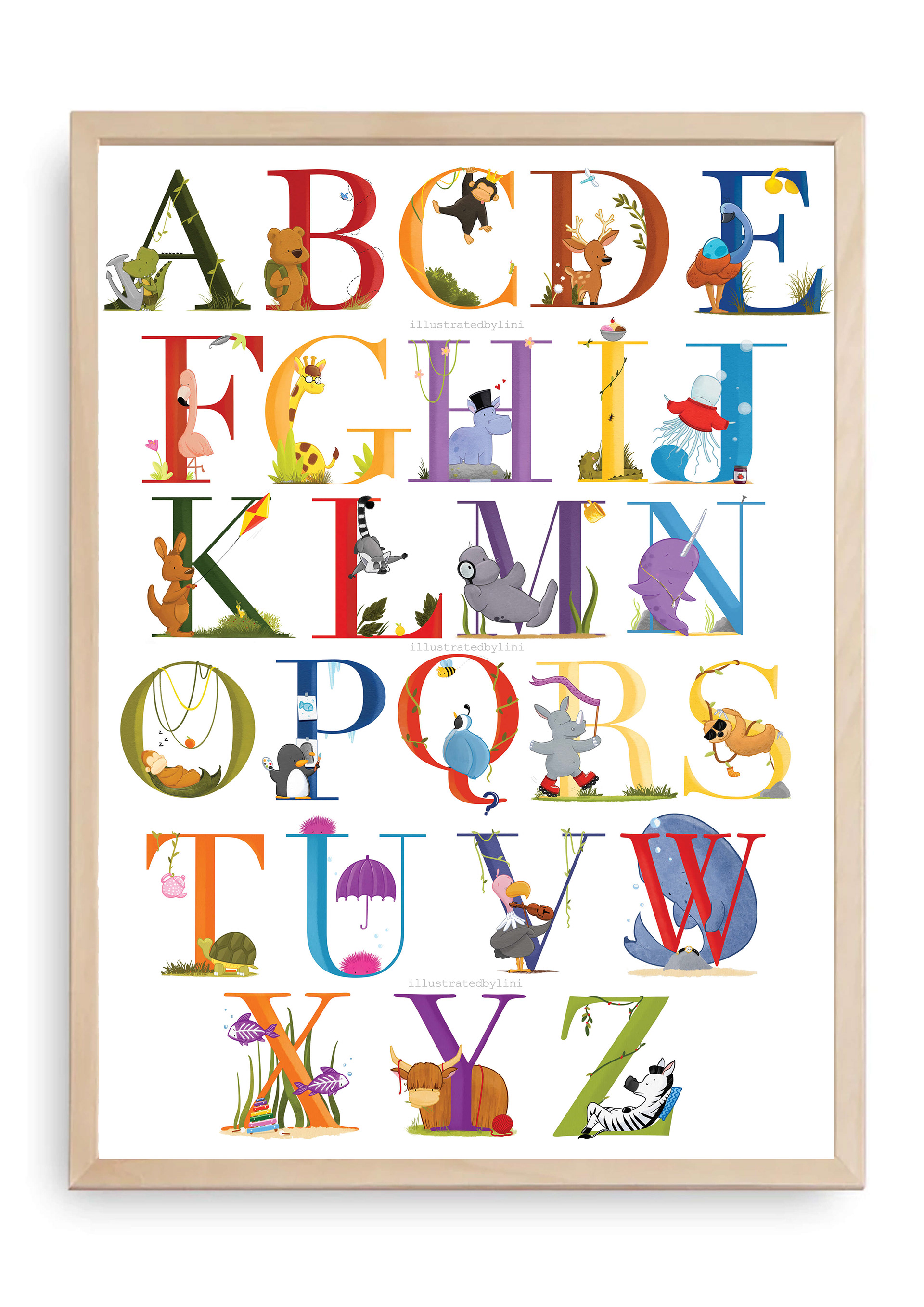 illustrated animal alphabet art print nursery decor