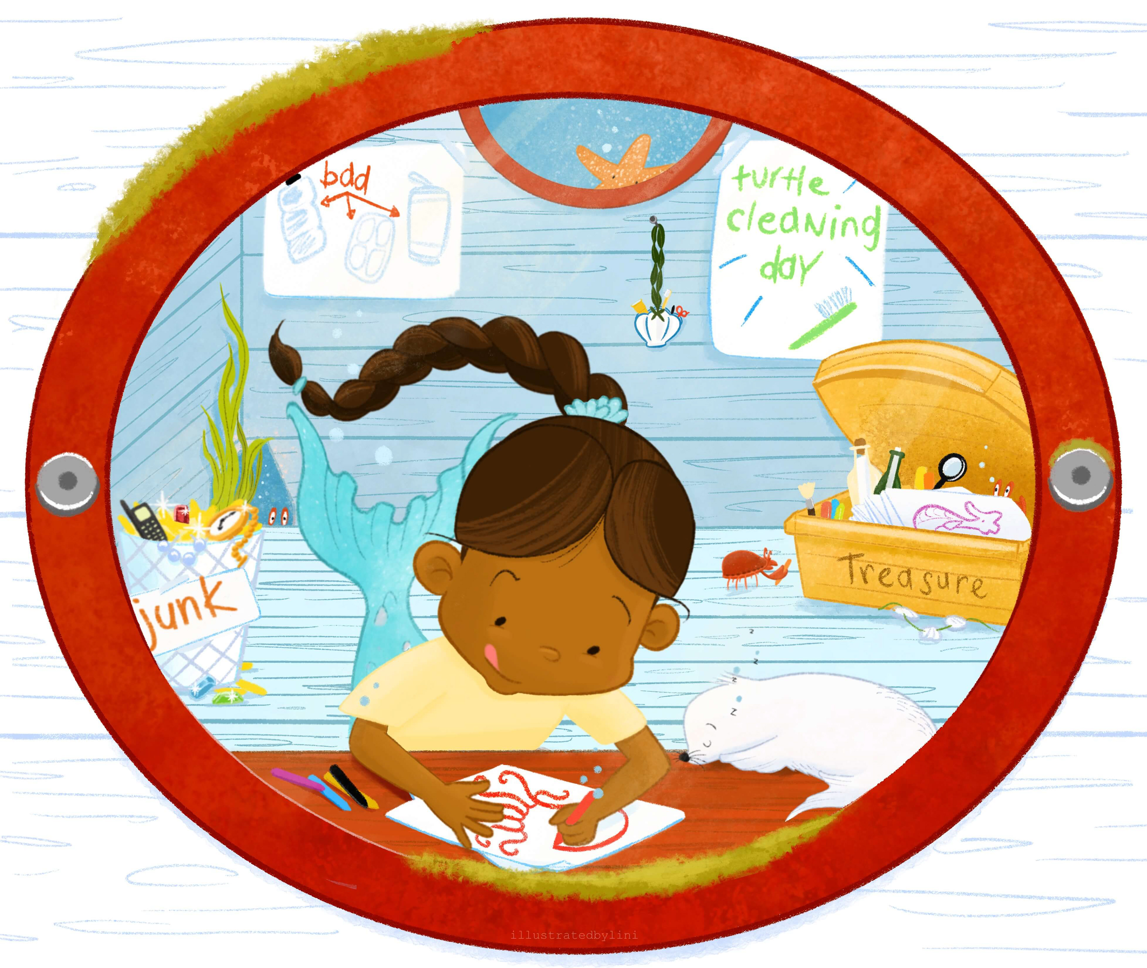 mermaid in her den with her seal friend drawing and writing information