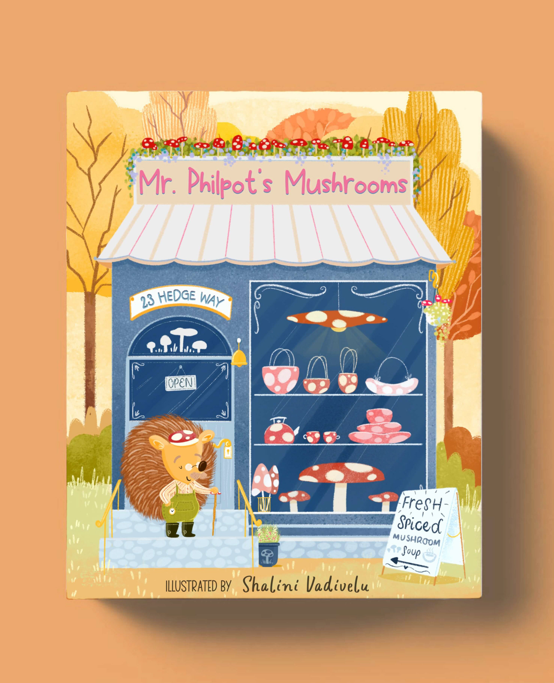 imagined book cover mockup of hedgehog mushroom shop story