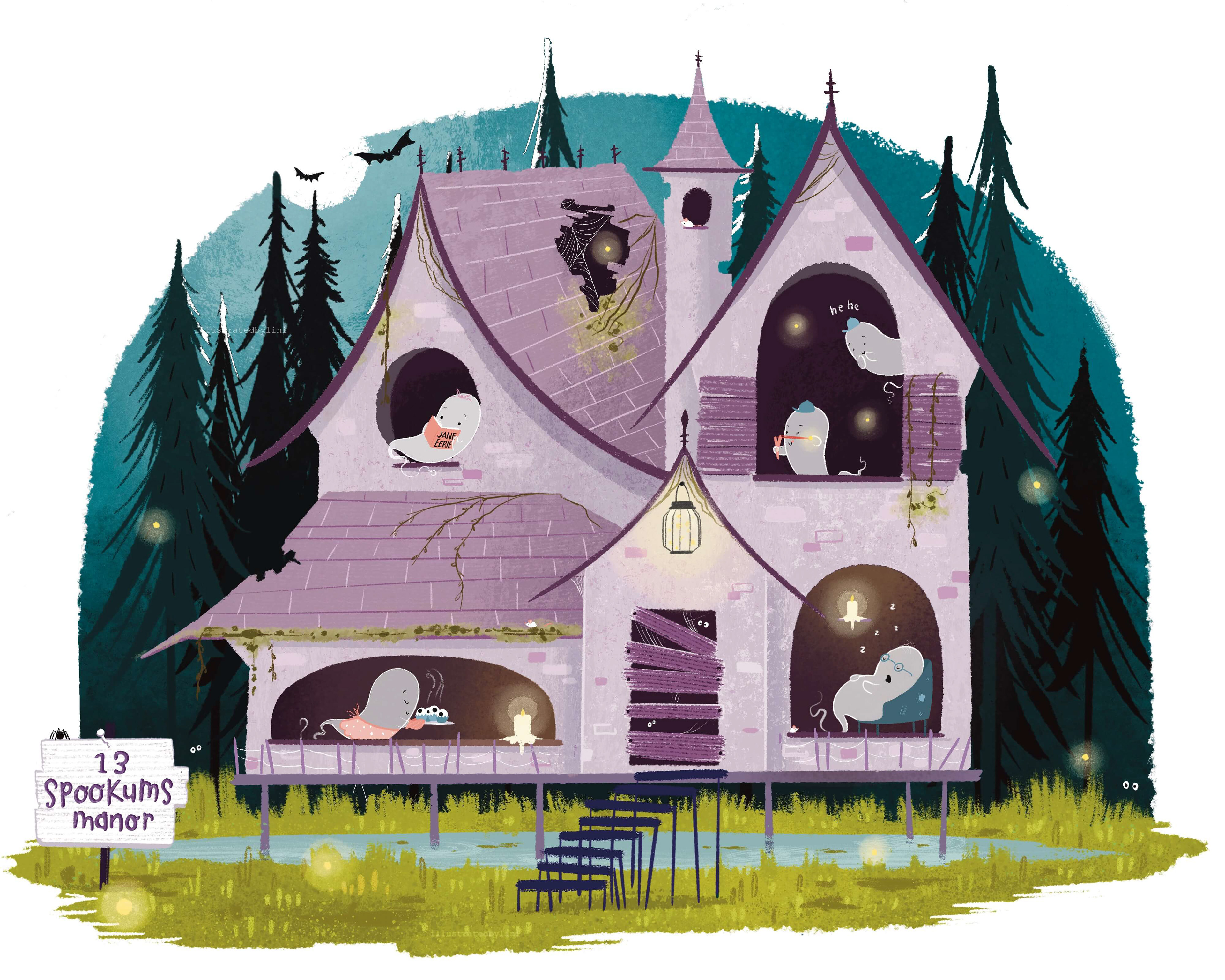 Funny Illustration of a Spooky Halloween Themed Abandoned House with a Ghost Family