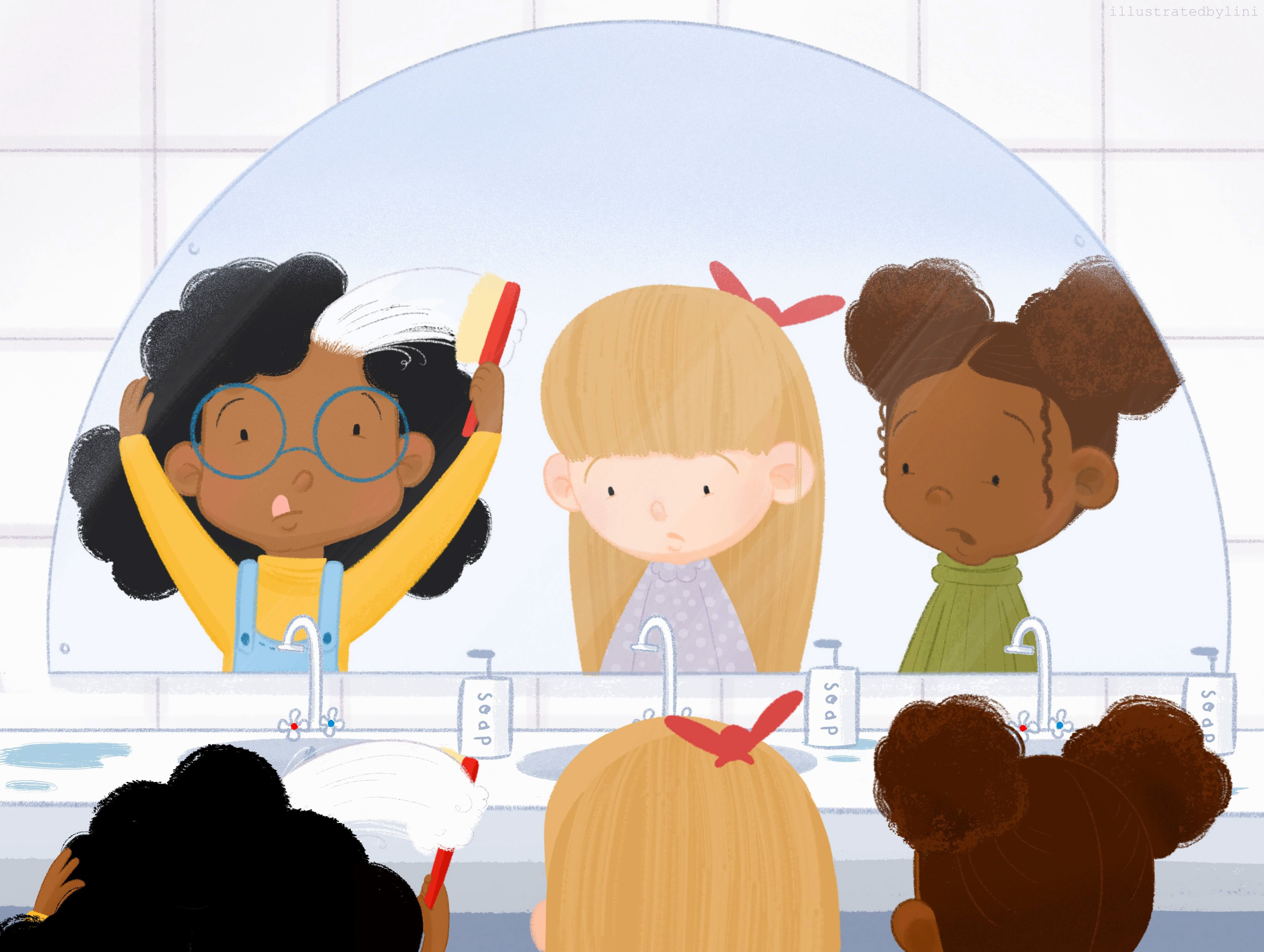 girls in bathroom doing their hair