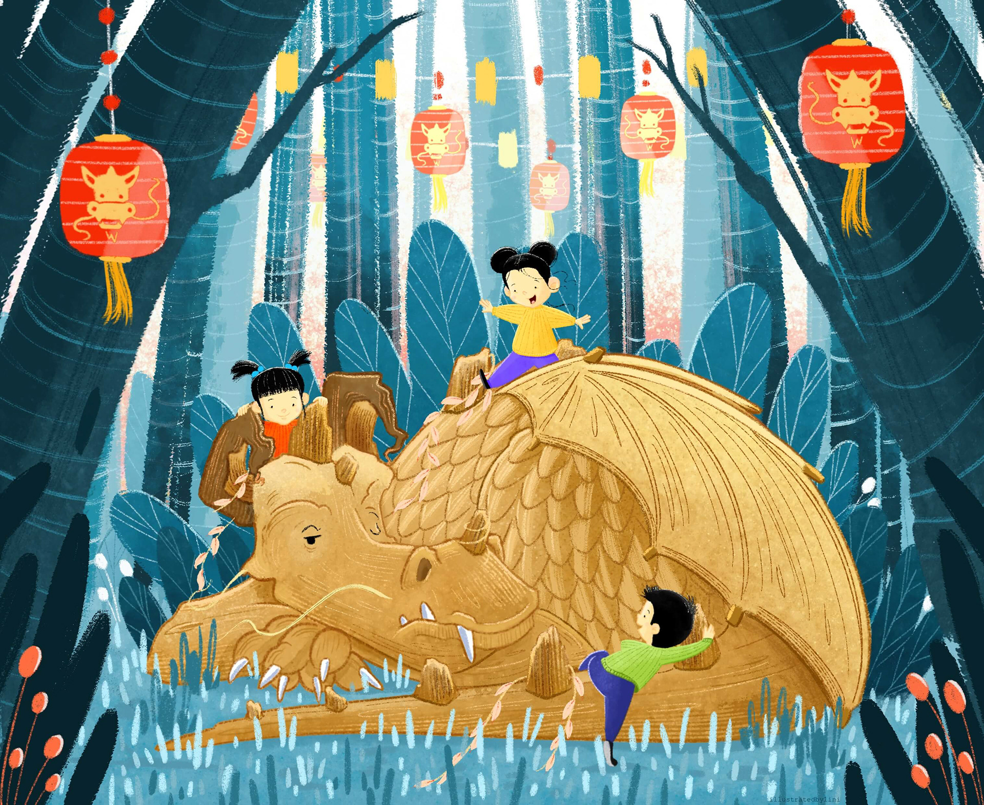 children in the forest waking up the wood dragon for Chinese new year