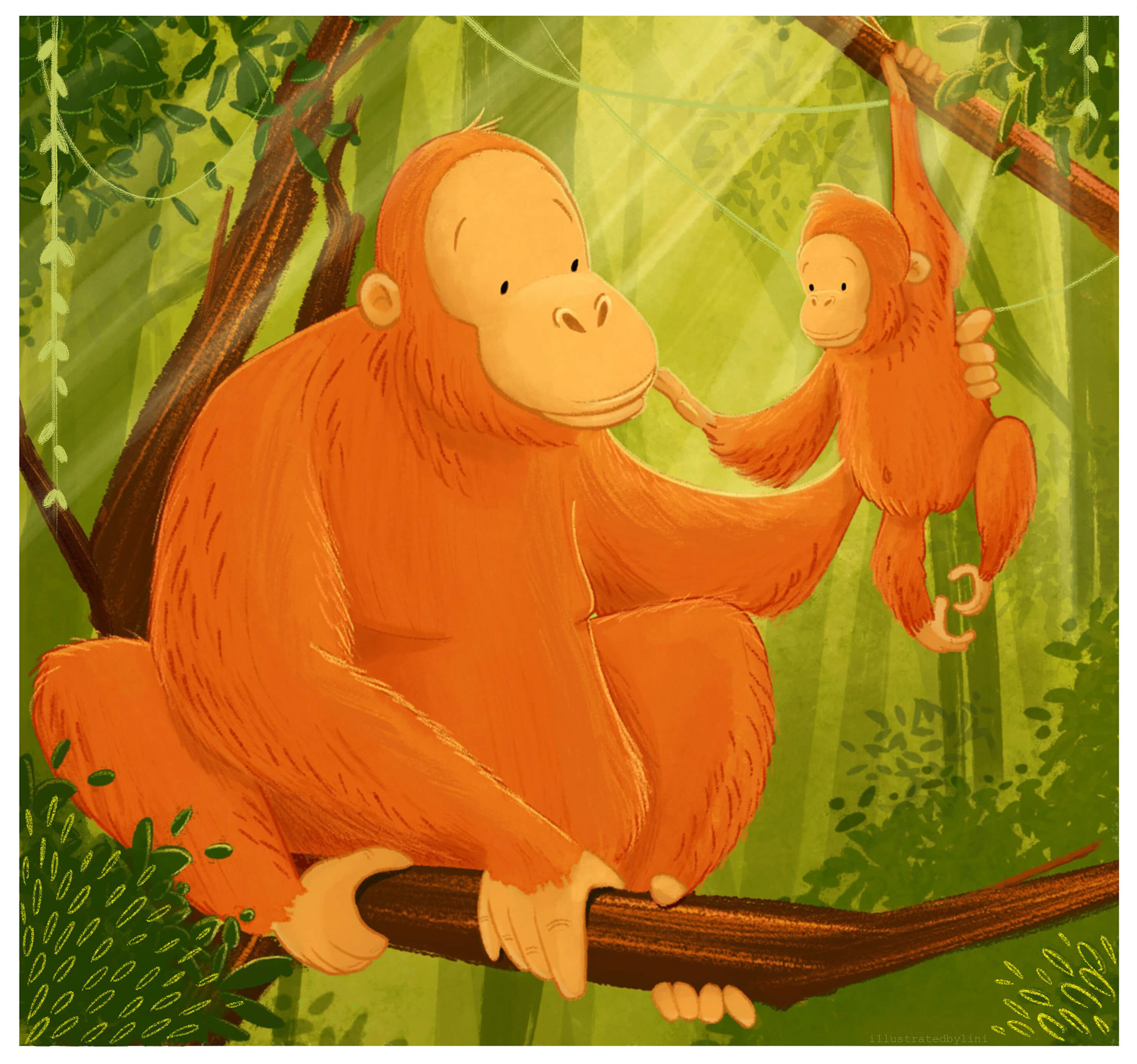 illustration of a mother and baby orangutan