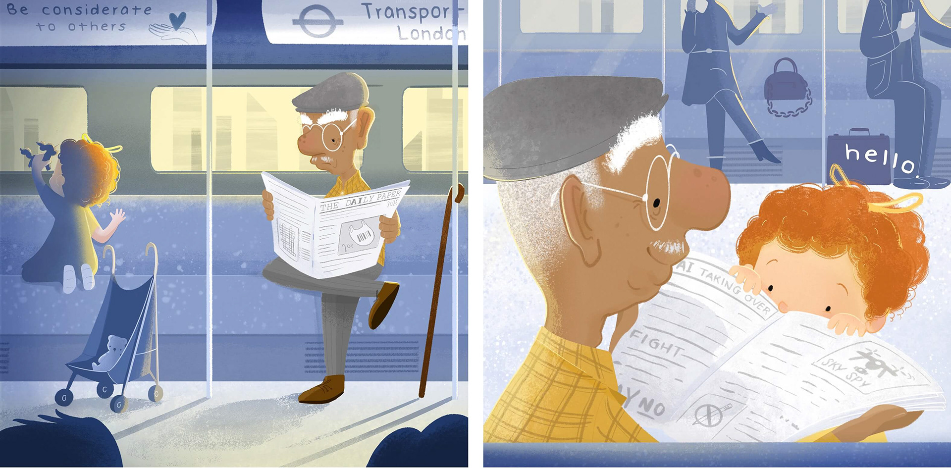 grumpy old man reading on train and little girl says hello