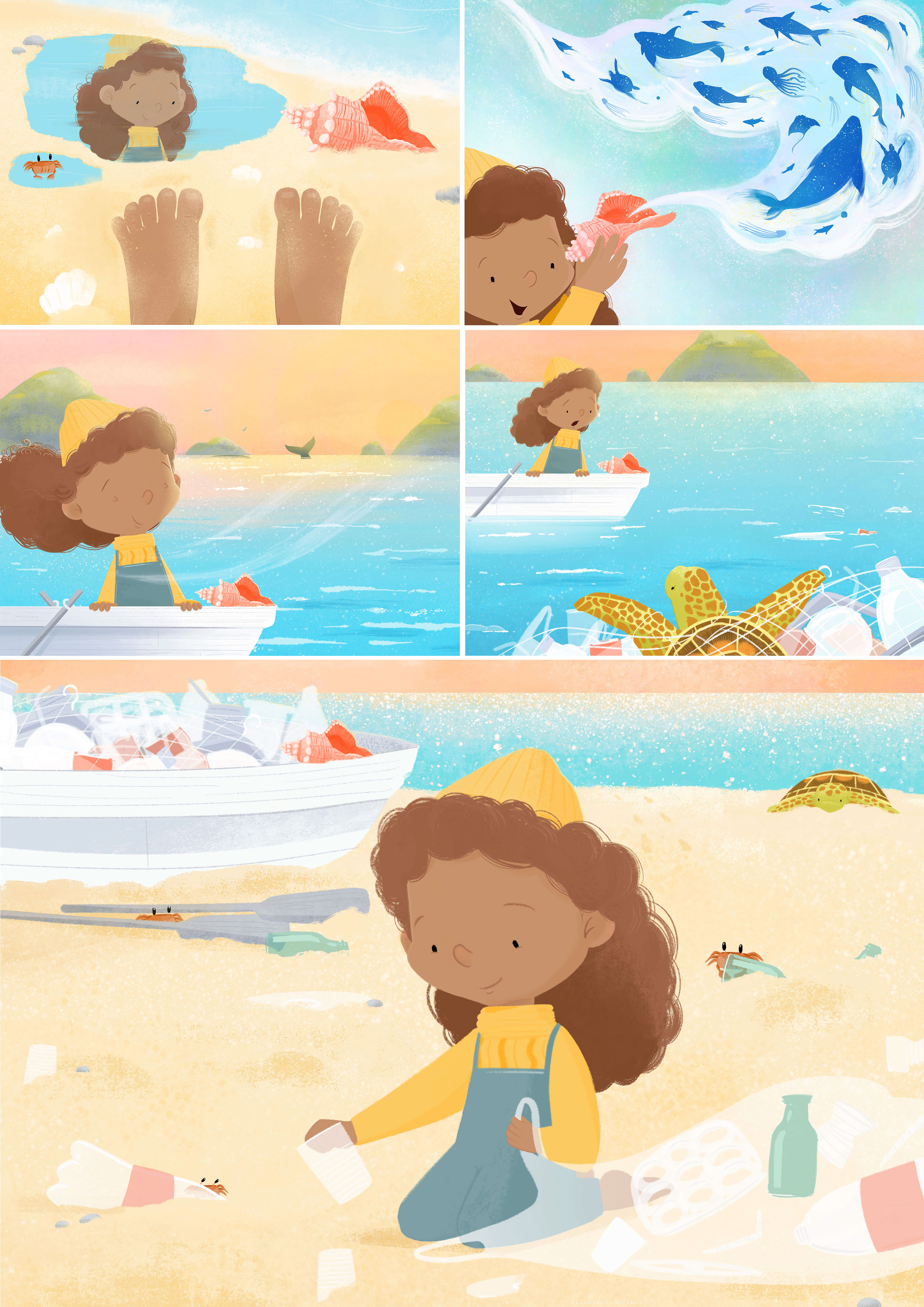 girl cleaning up beach litter and saving turtle from dangerous net